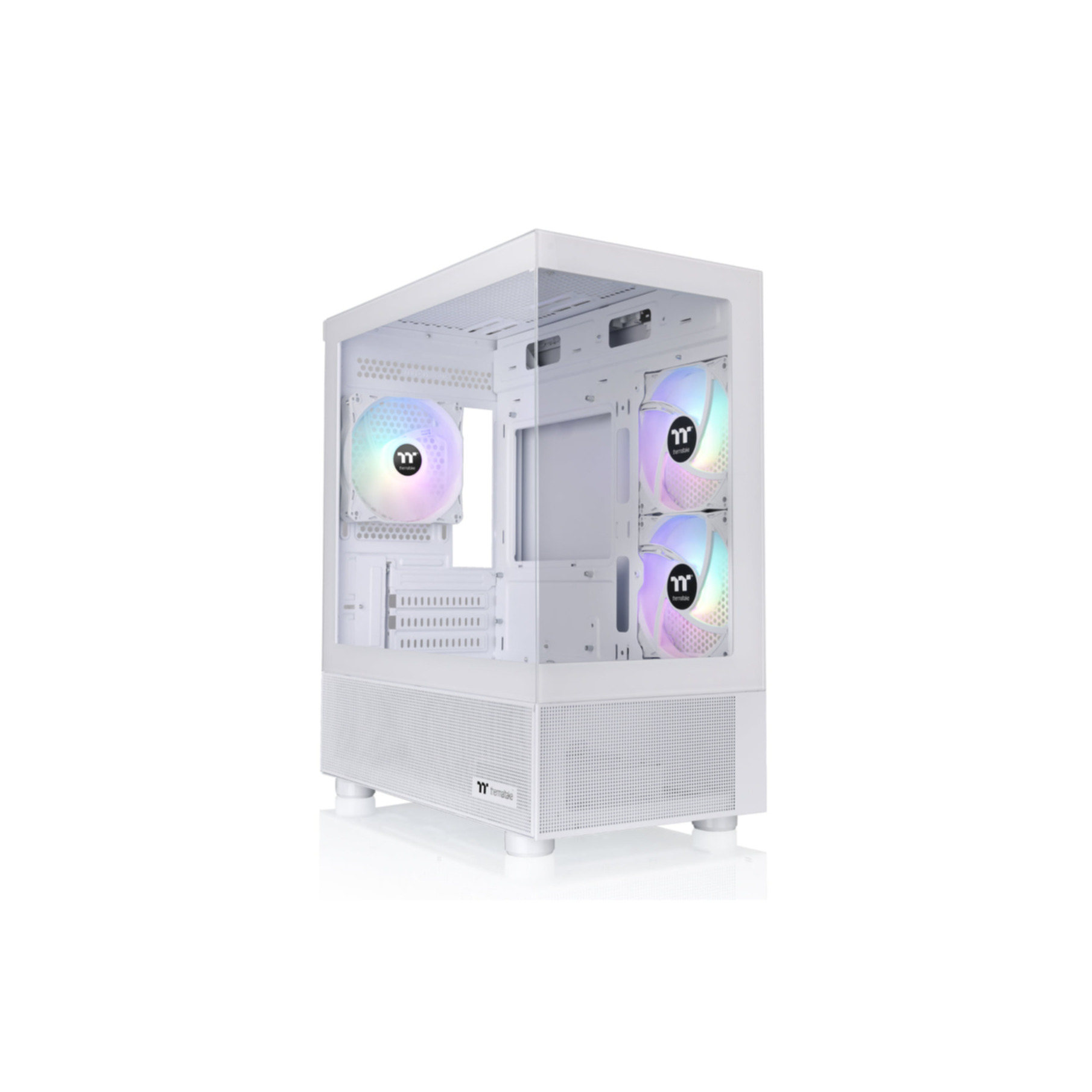 Case per computer bianco con tre ventole illuminate ad arcobaleno.