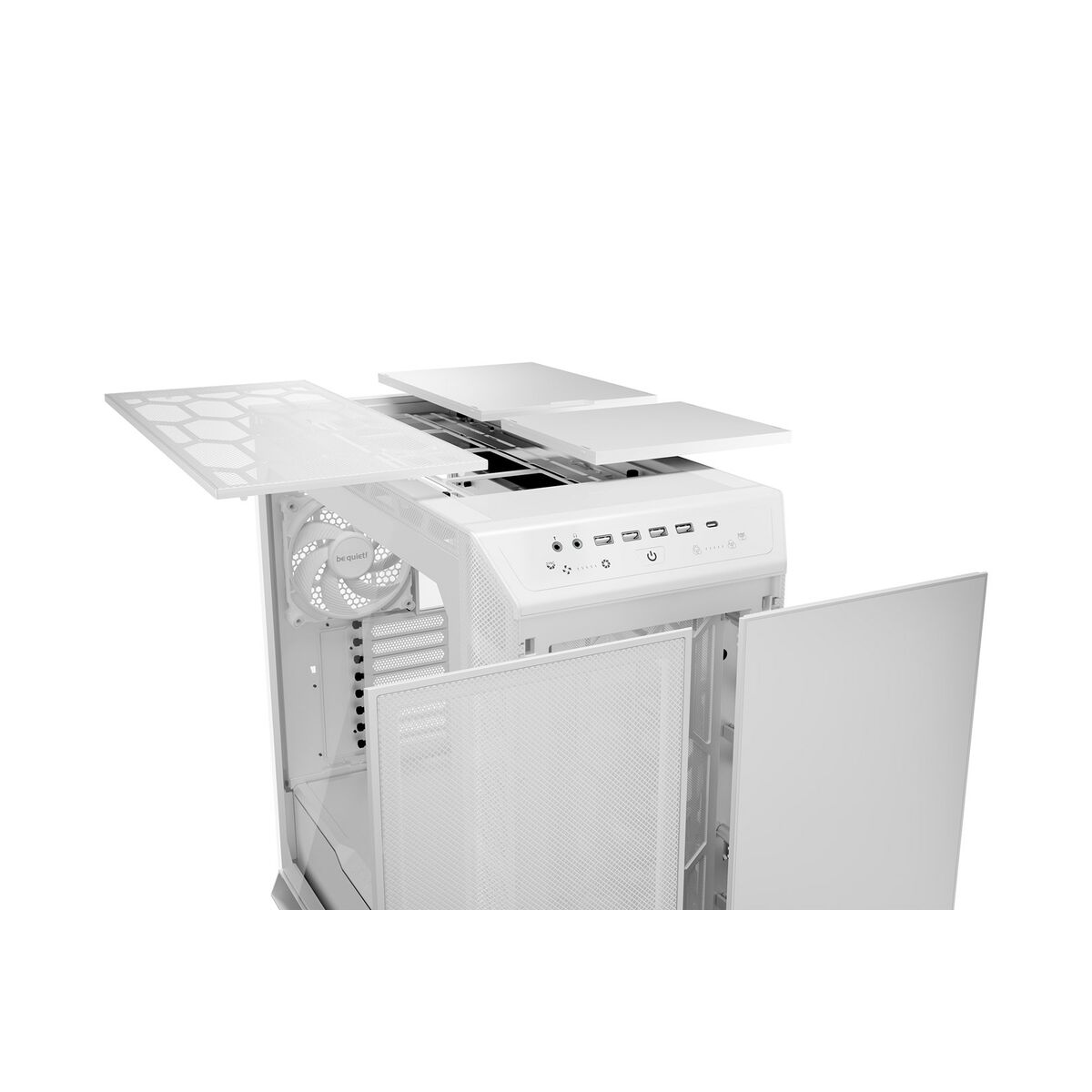 White computer case with open top and side panel. It has a fan and many ports.