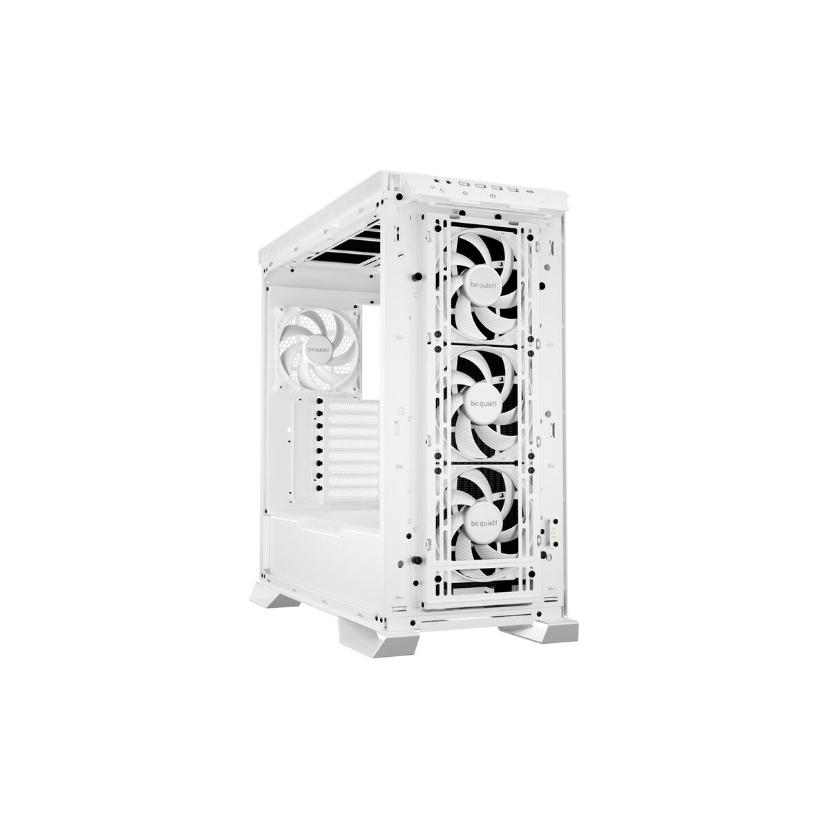 White computer case with three fans visible from the front.