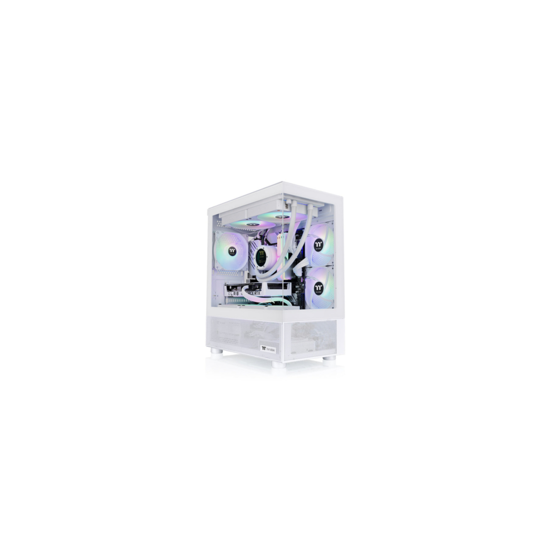 Case computer bianco con componenti interni. Ventole, raffreddamento a liquido e hardware visibili.