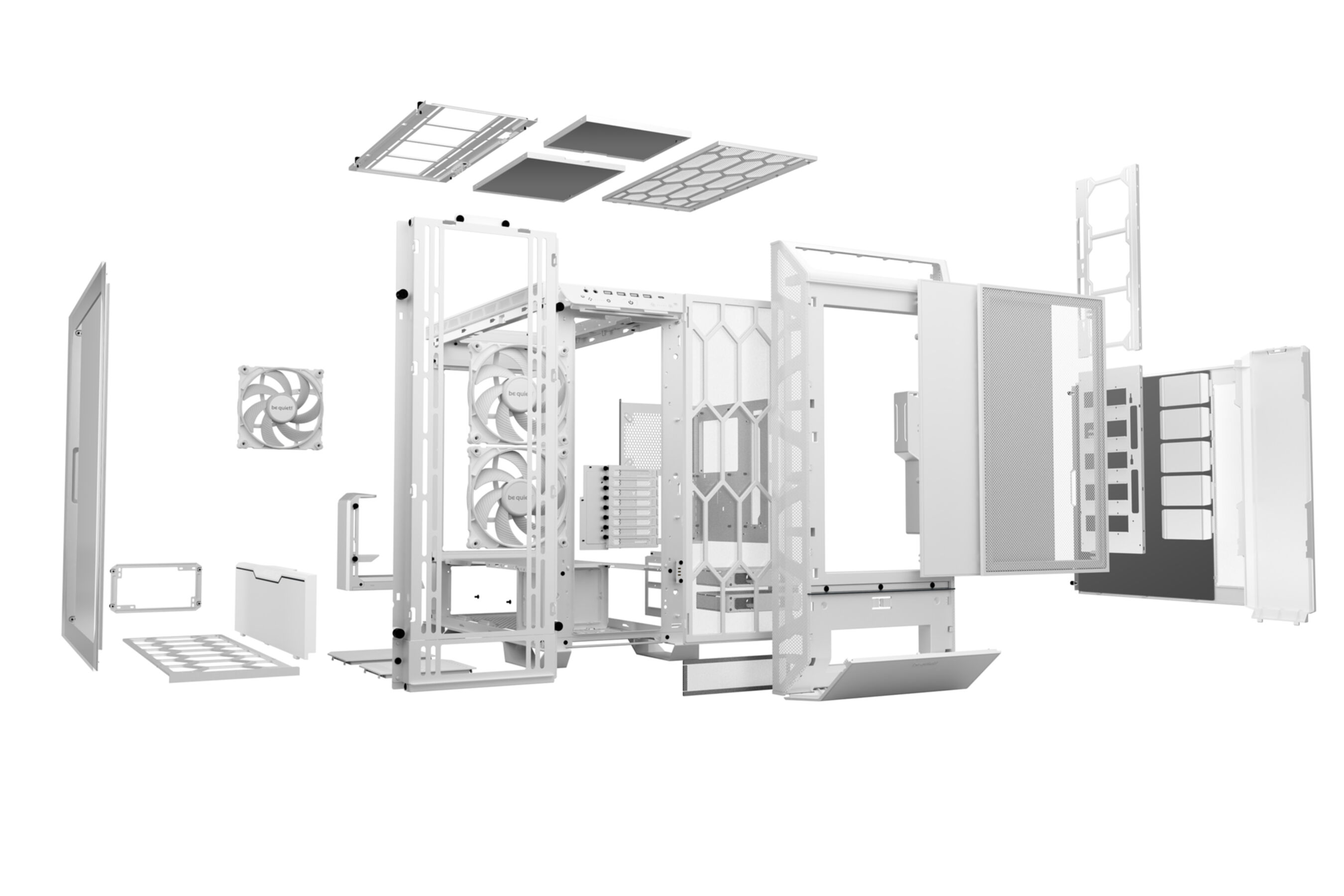 White computer case exploded view. Showing all the separate components. Fans, panels, frame, screws, etc.