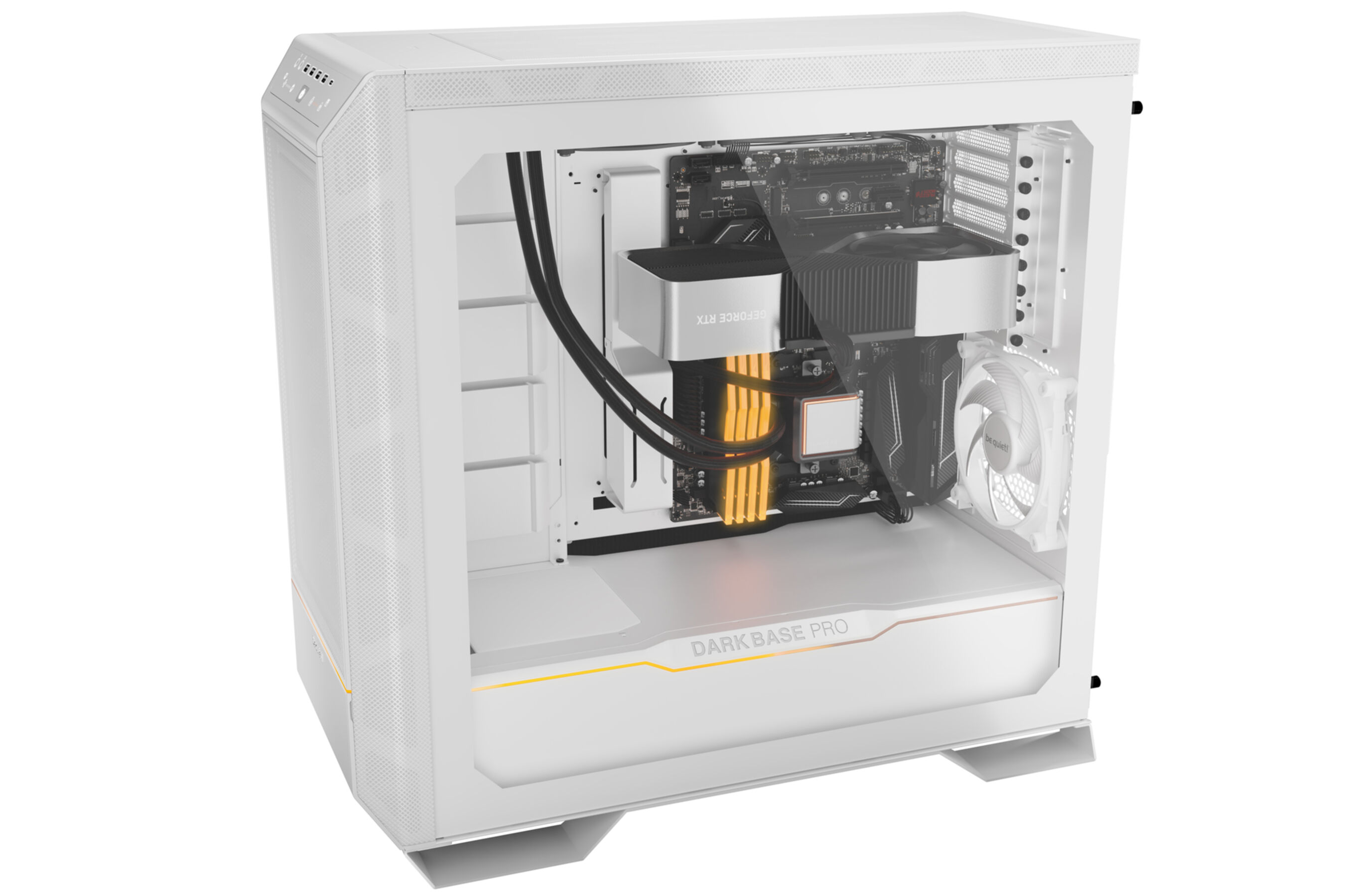 White computer case with components inside. Glass side panel.