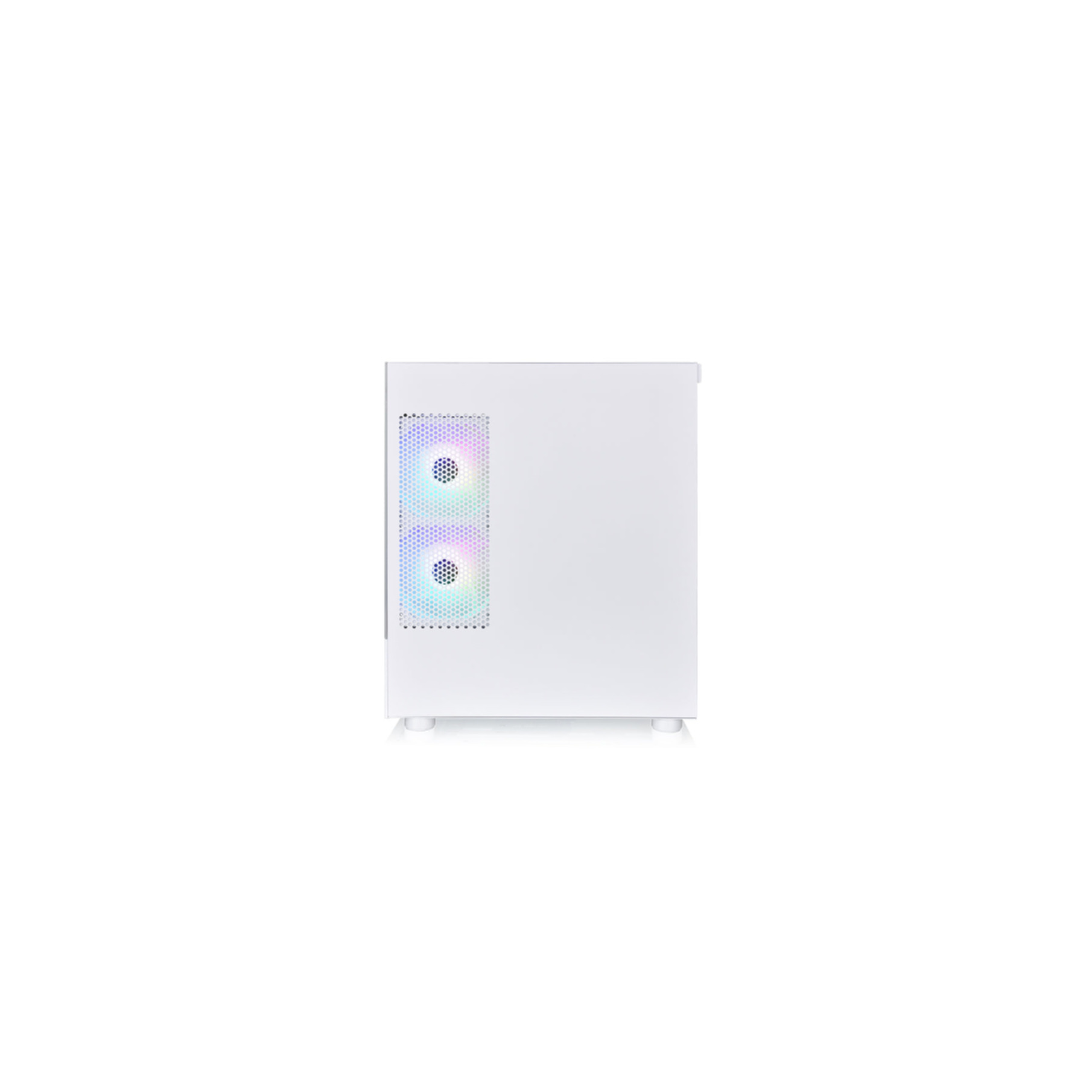 Un case per computer bianco con due ventole visibili attraverso il lato, con luci colorate.
