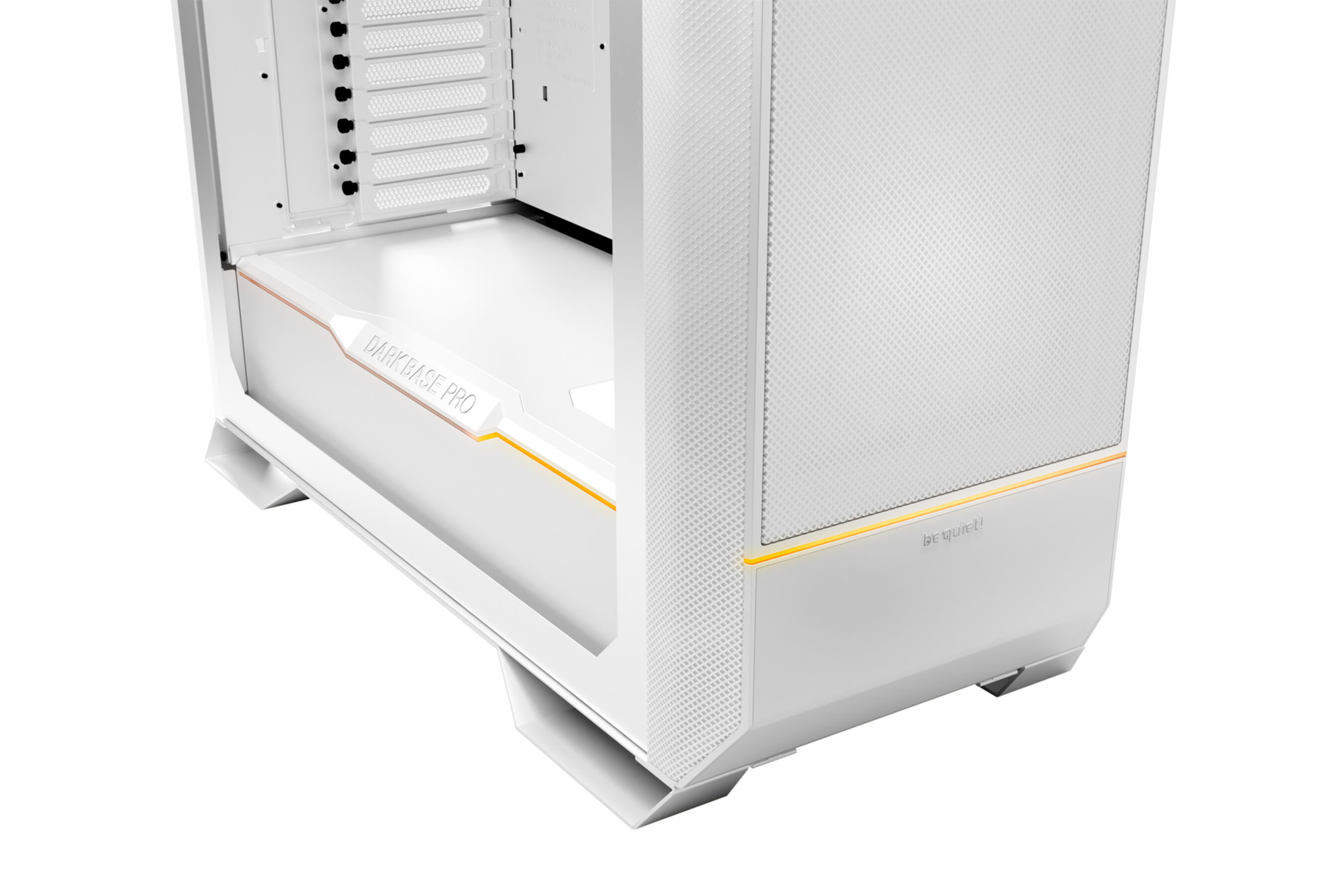 Computer case interior, white with orange accents. Open side panel.