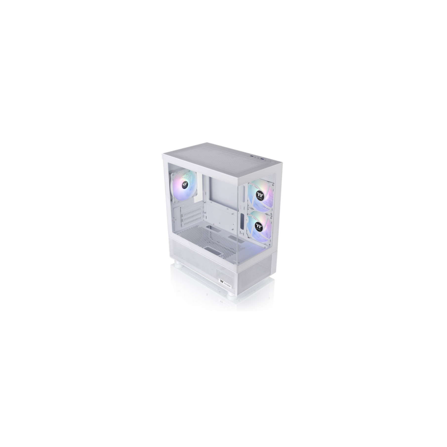 Un case per computer bianco con ventole, che mostra i componenti interni.