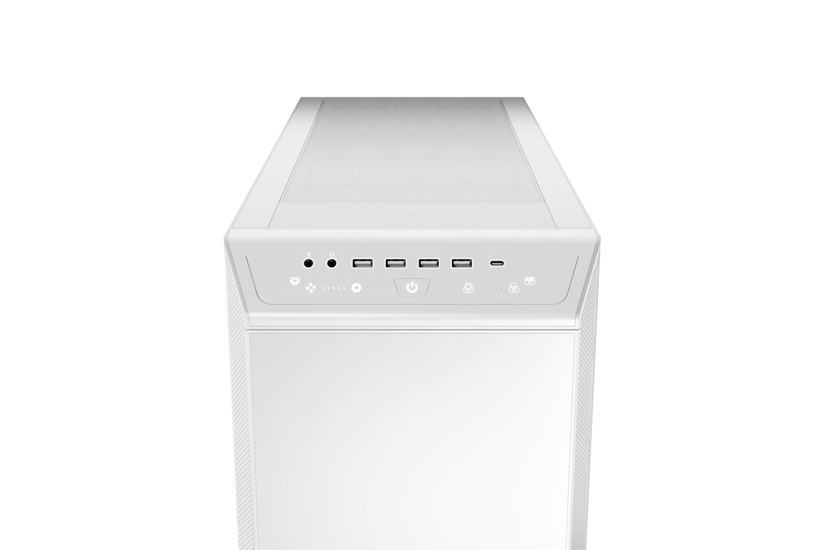 White computer case, top view, with ports and buttons. Includes USB, audio, power, and fan buttons.