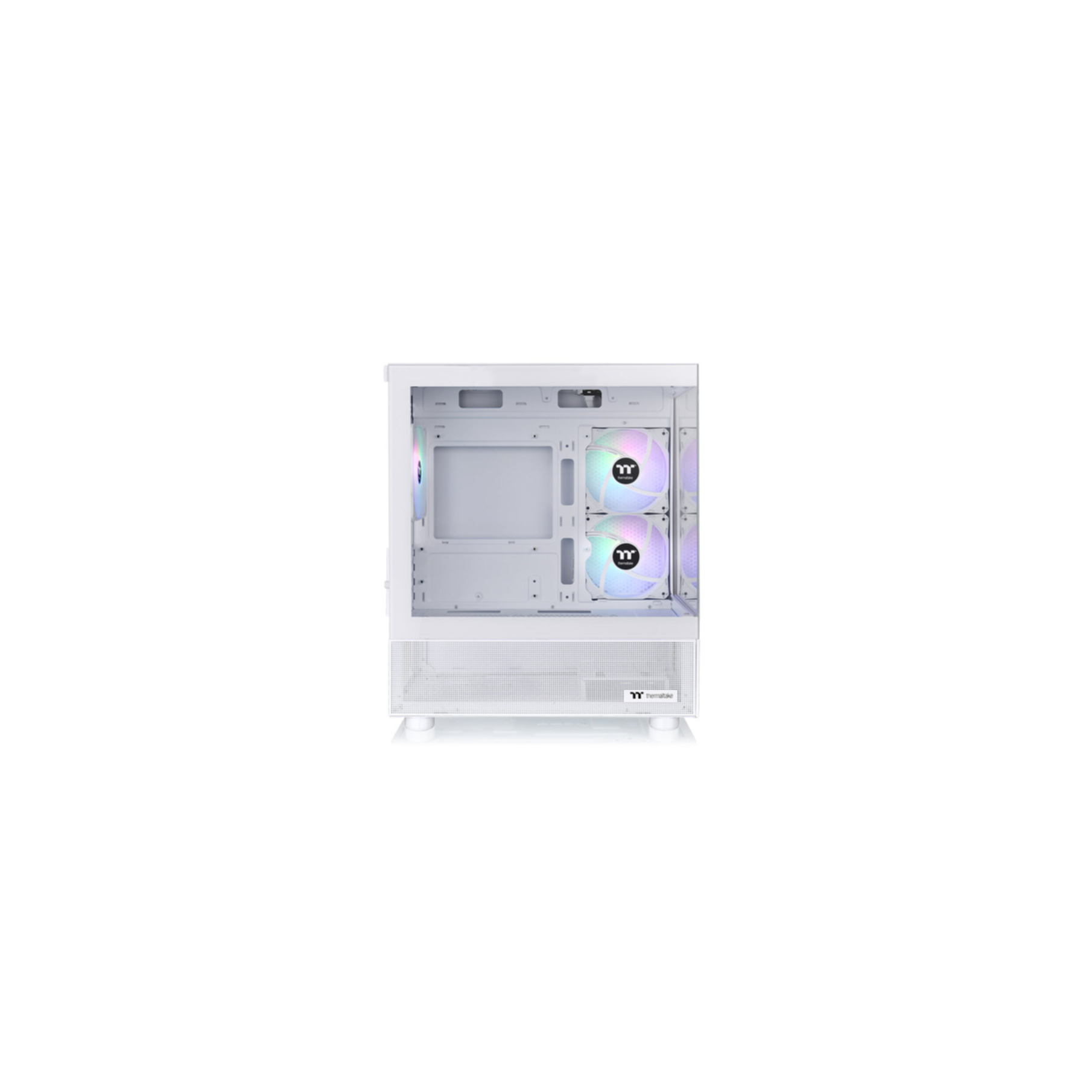 Case per computer bianco con ventole, interno vuoto, vista frontale, sfondo bianco.