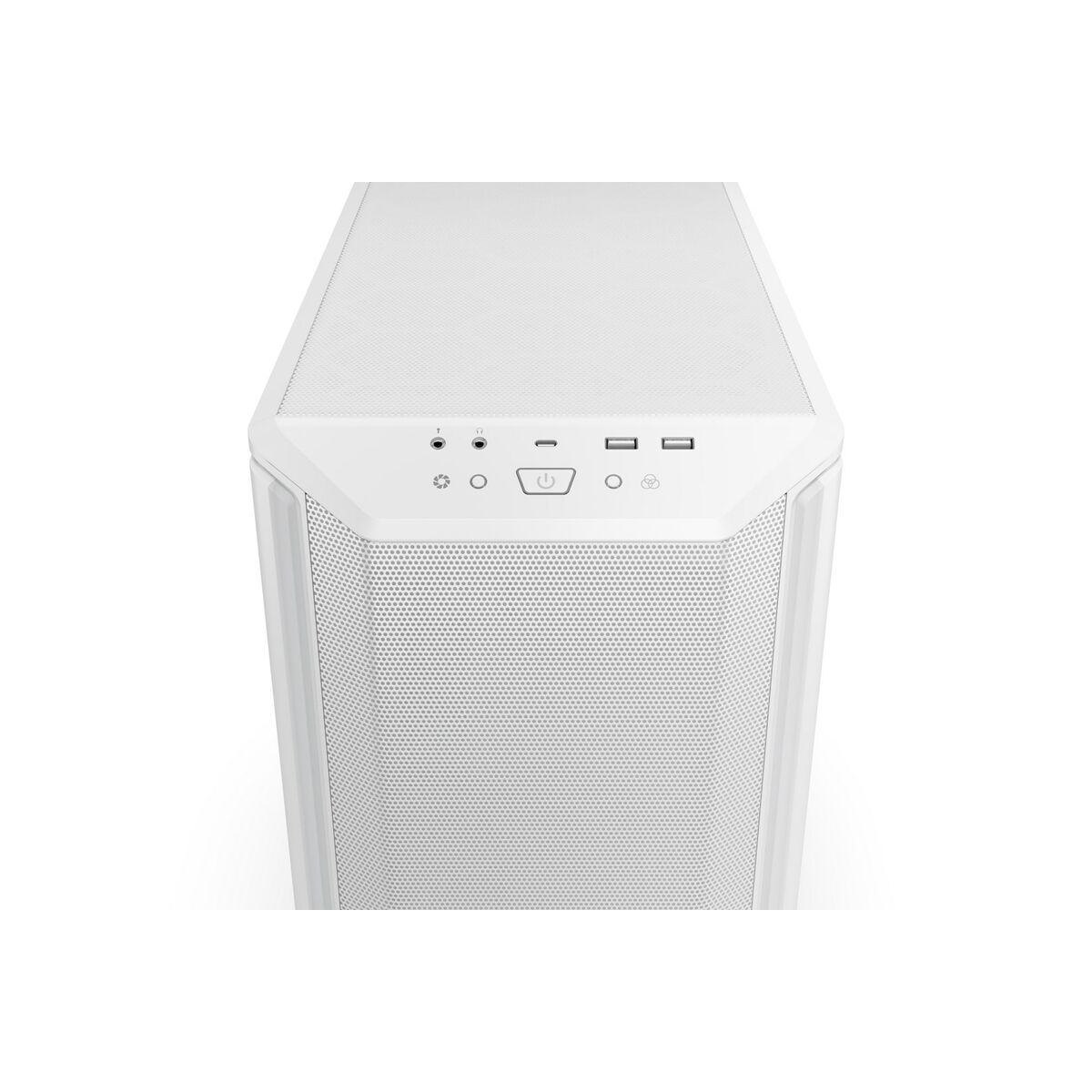 White computer case front view, with various ports and power button. Isolated on white.
