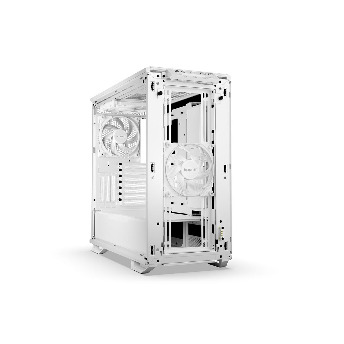 White computer case. Fan visible, open side, white background.