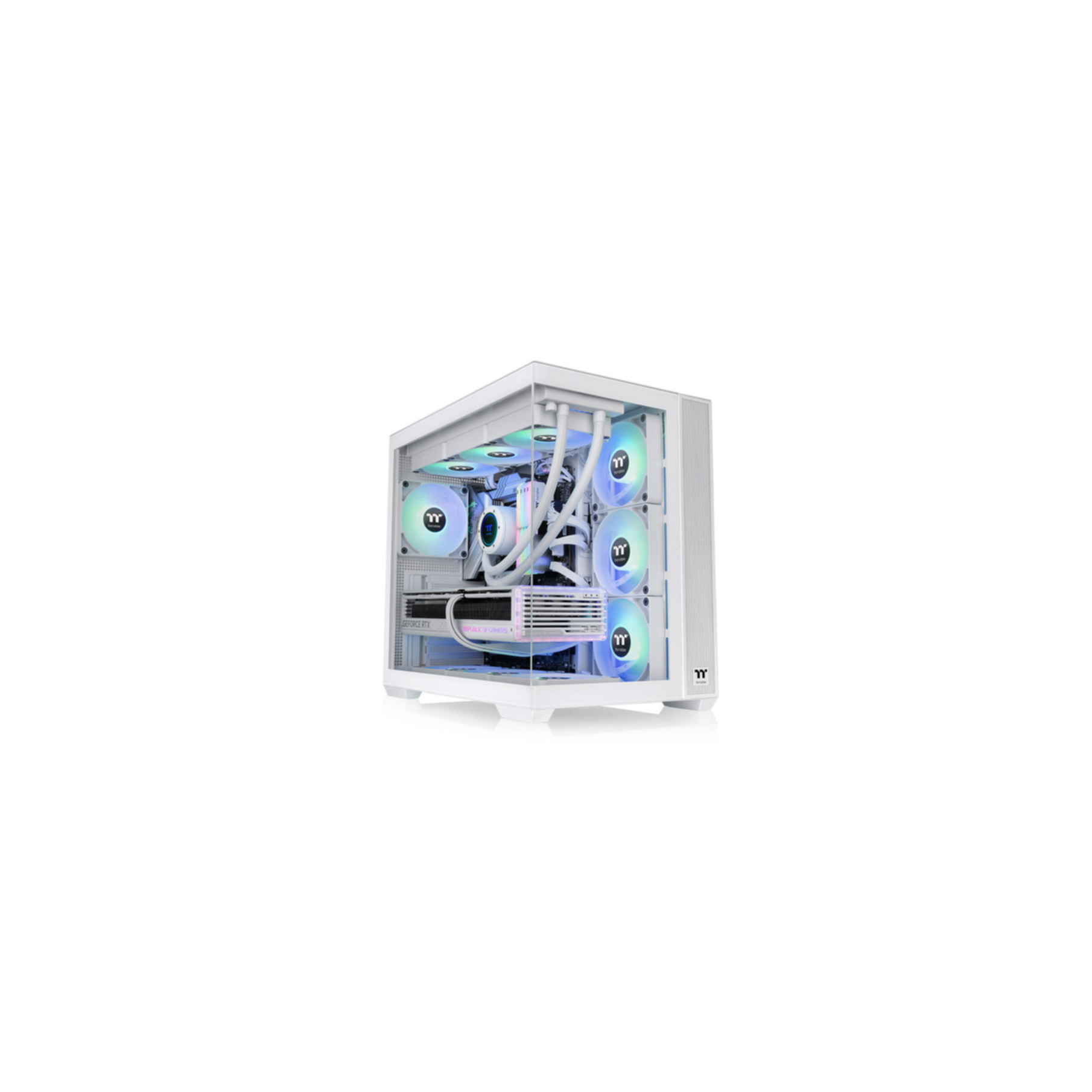 White computer case with internal components. Fans, water cooling, and other hardware visible inside.