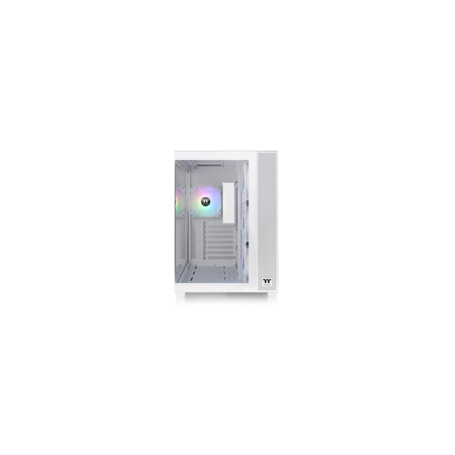 White PC case with RGB fan. Glass panel shows components. Side panel has vents. Clean, modern aesthetic.