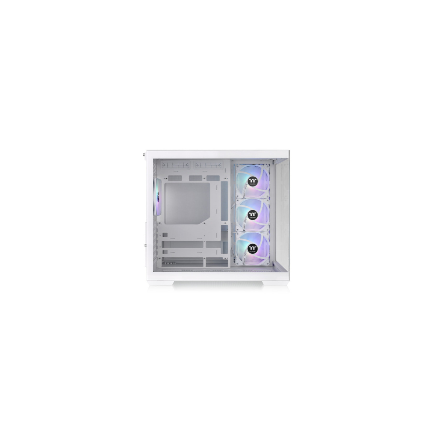 White computer case, open front, three fans, front view, white background.