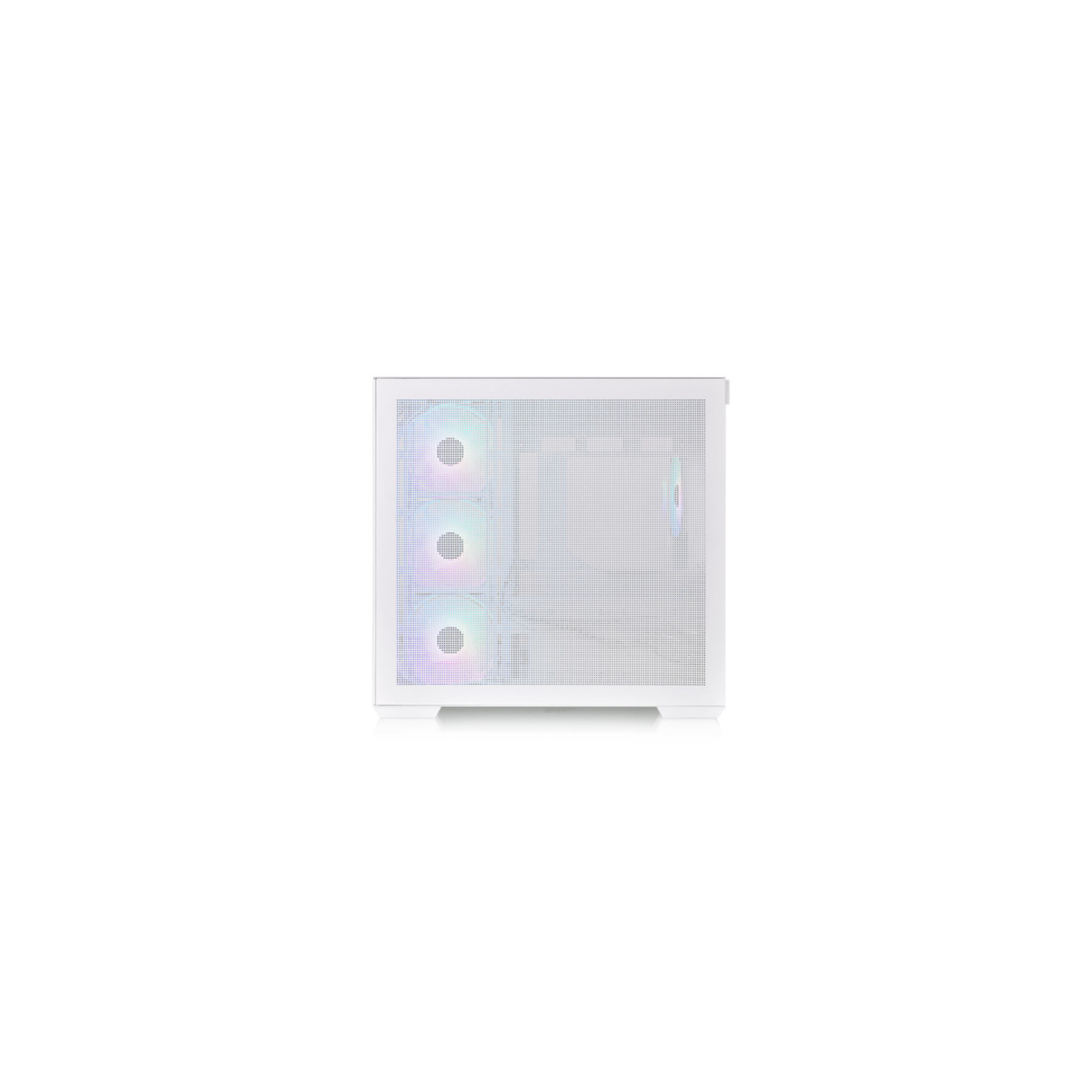 White computer case with three fans. The fans have colorful lighting.