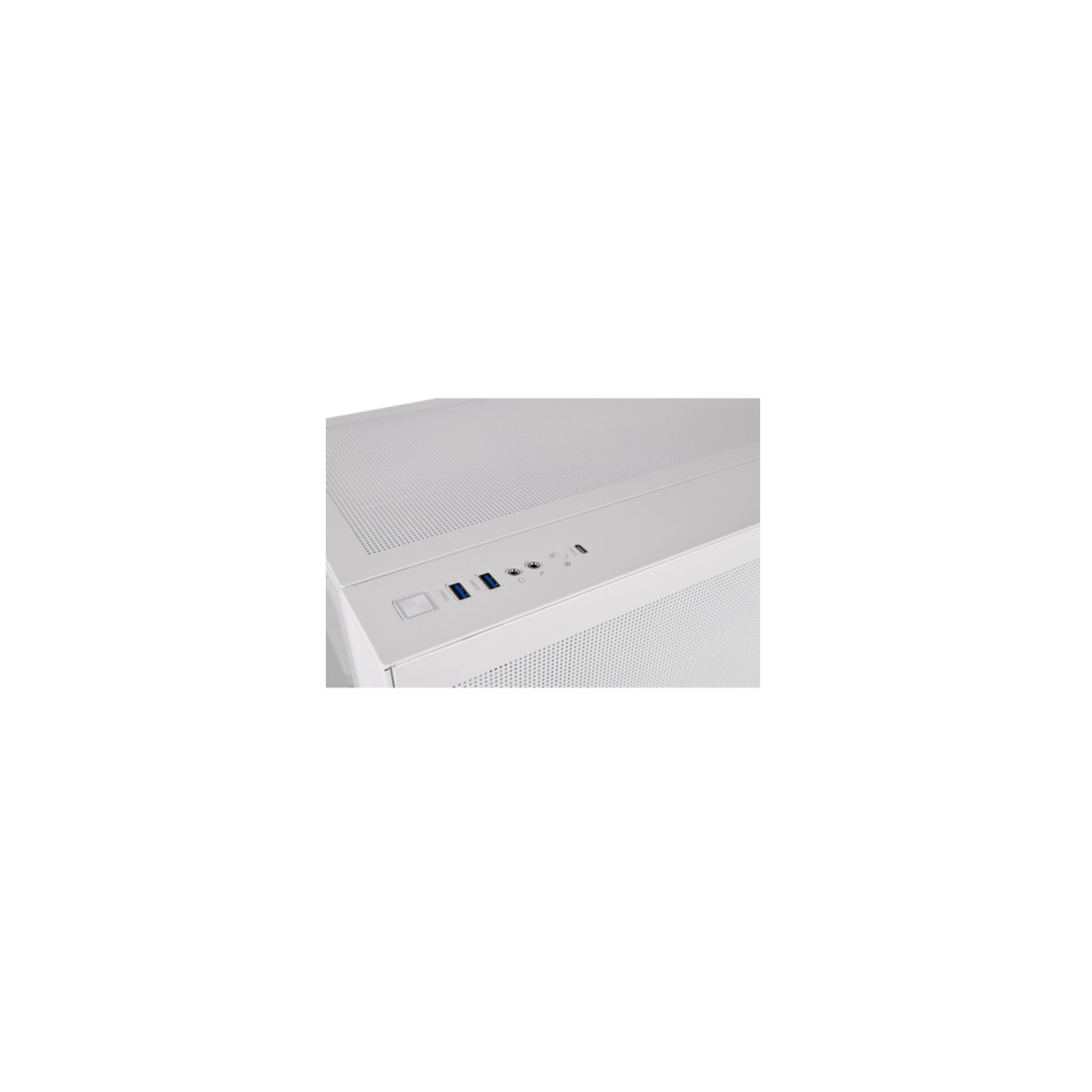 A close-up of the top of a white computer case with USB ports and other connection ports.