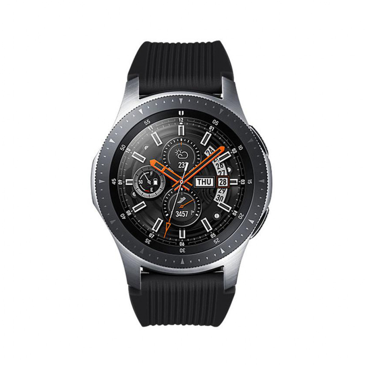 Silberne Smartwatch mit schwarzem Armband. Zeigt Zeit und Daten auf kreisförmiger Oberfläche.