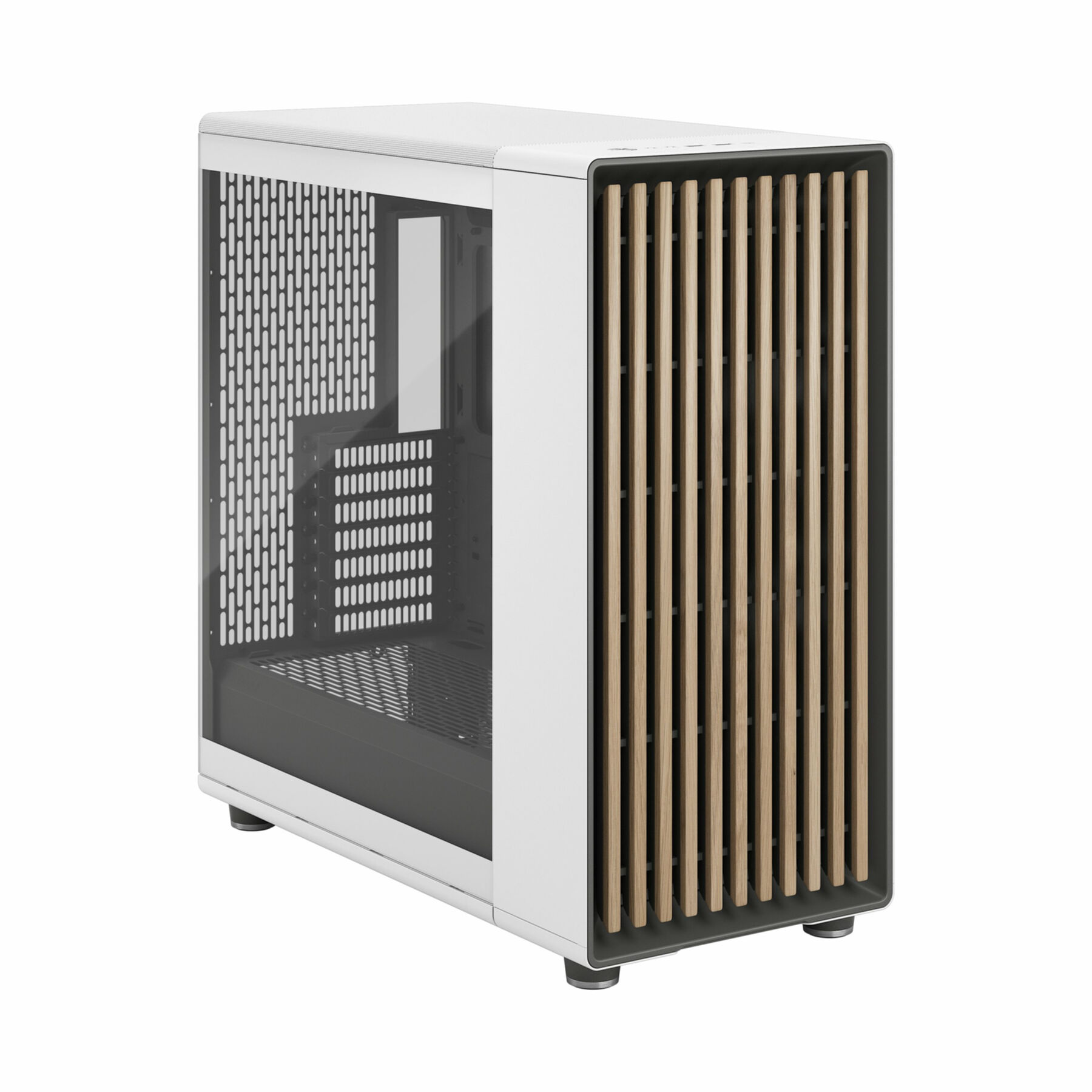 White and black computer case with wood slats on front. Side panel is glass.