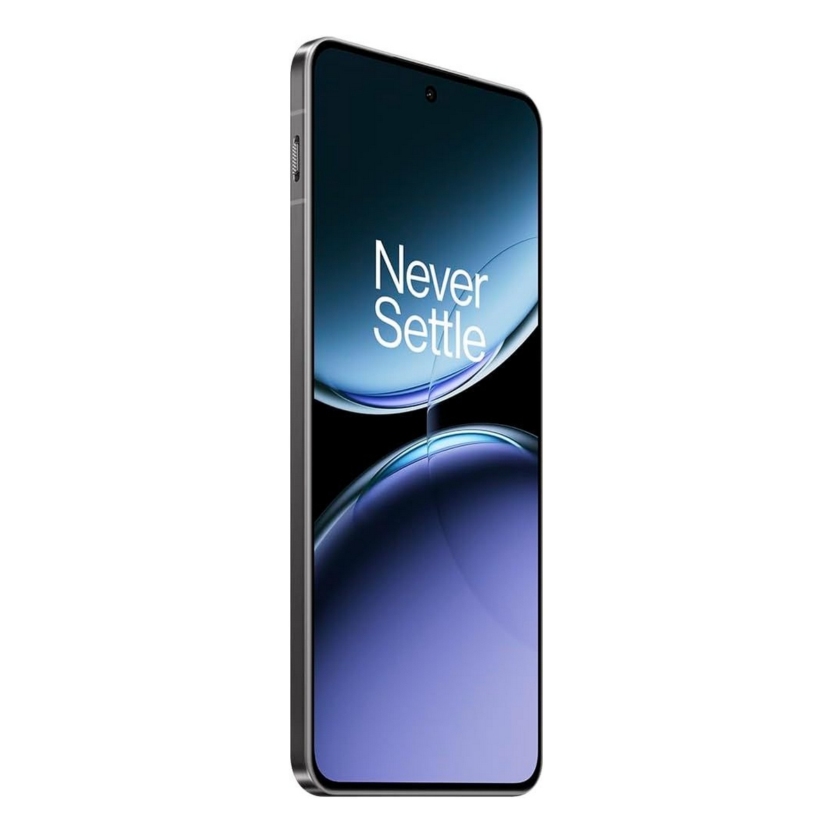 Telefono OnePlus, cornice nera, con schermo curvo e la scritta 'Never Settle'.