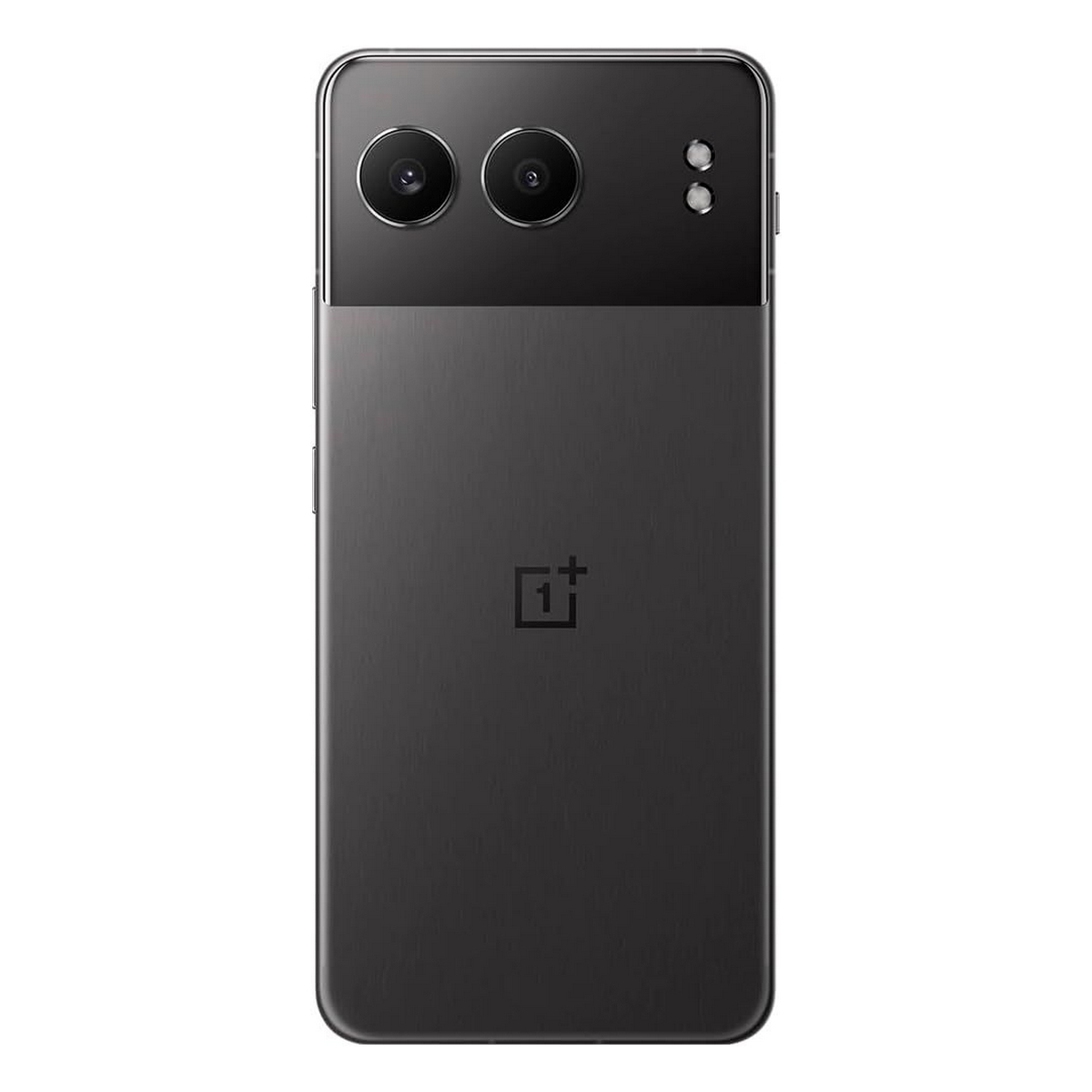Vista posteriore di smartphone nero. Doppia fotocamera, flash e logo in basso.