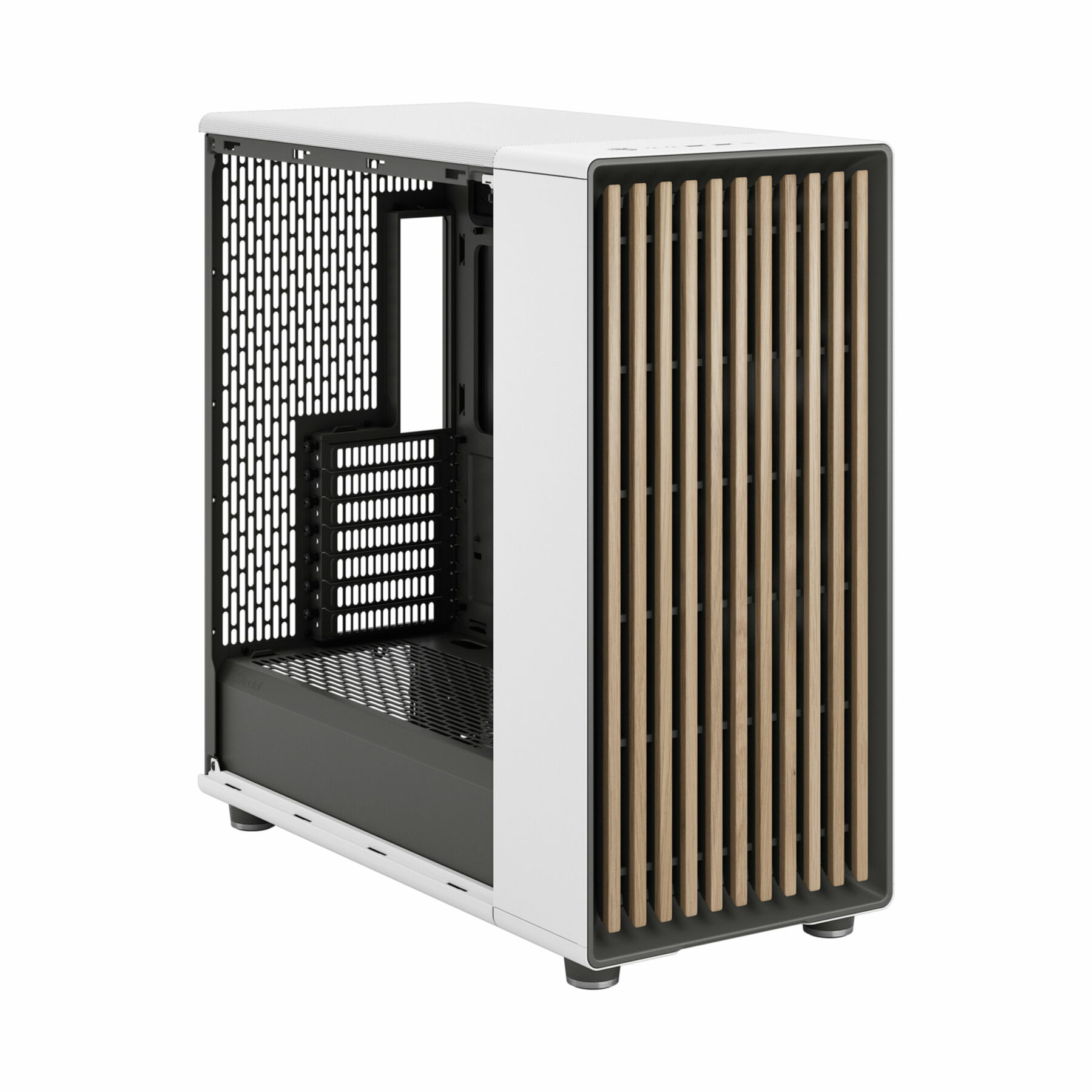 White computer case with wooden slats on front. Side panel open.