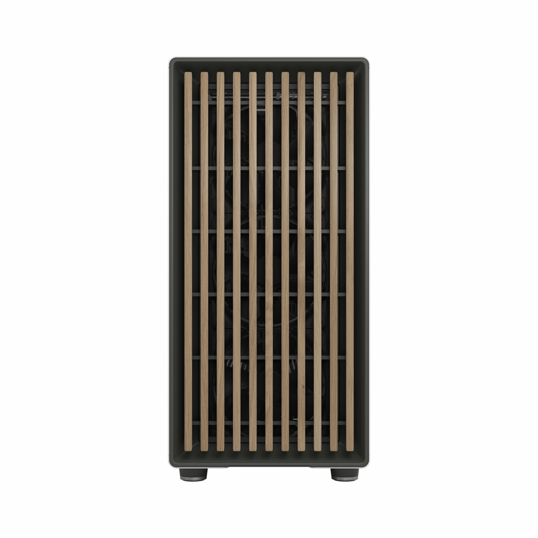 Black speaker with wooden slats, black frame, and two small feet on a white background.