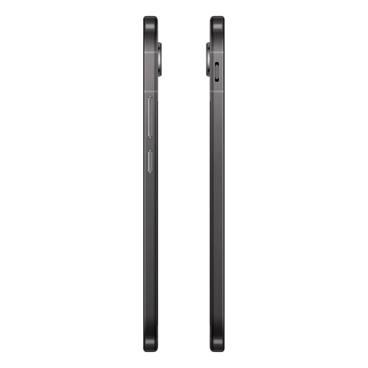 Due viste laterali di un tablet grigio scuro, che mostrano pulsanti e porte. Il tablet è elegante e rettangolare.