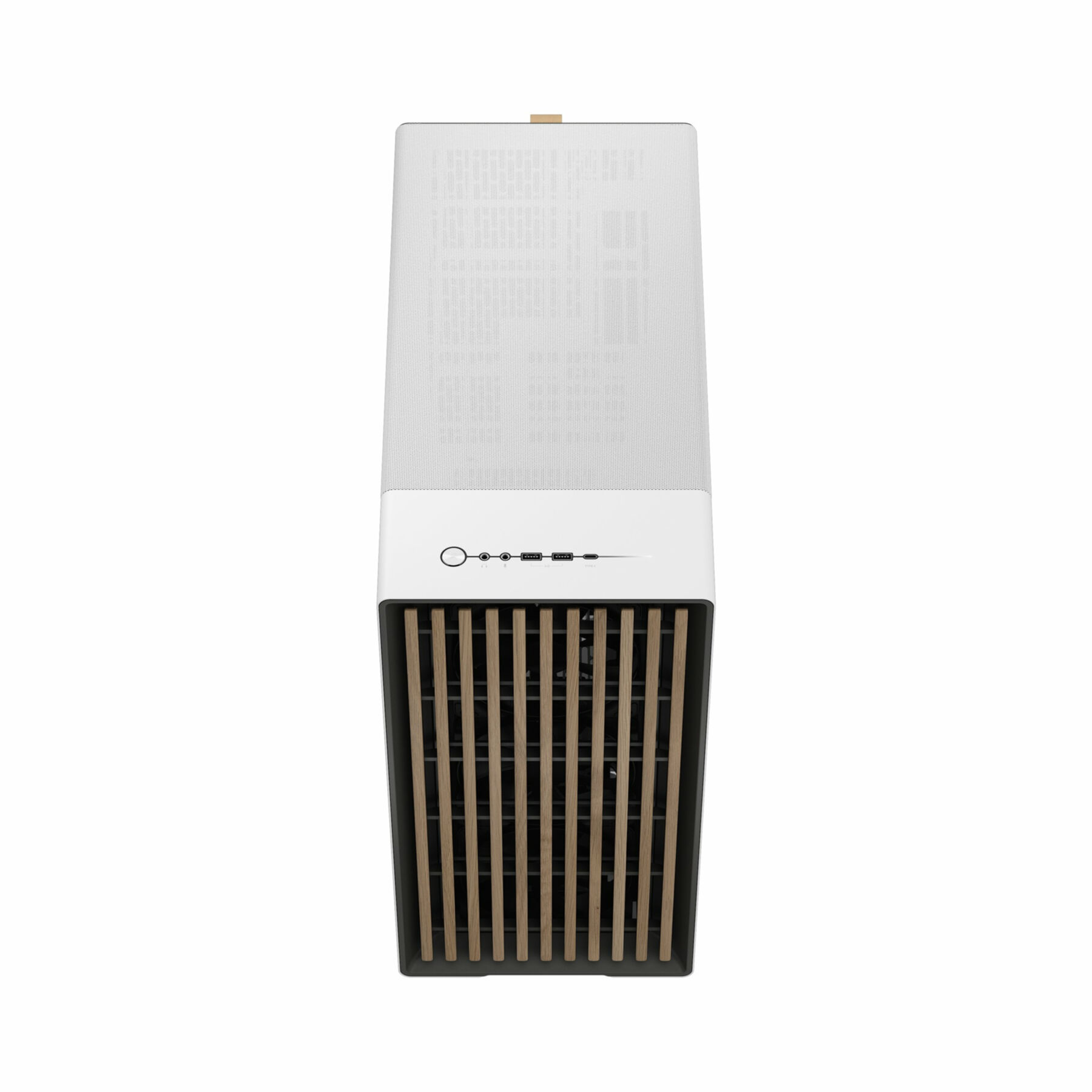 White computer case, top view. Black and beige accents. Isolated on white background.
