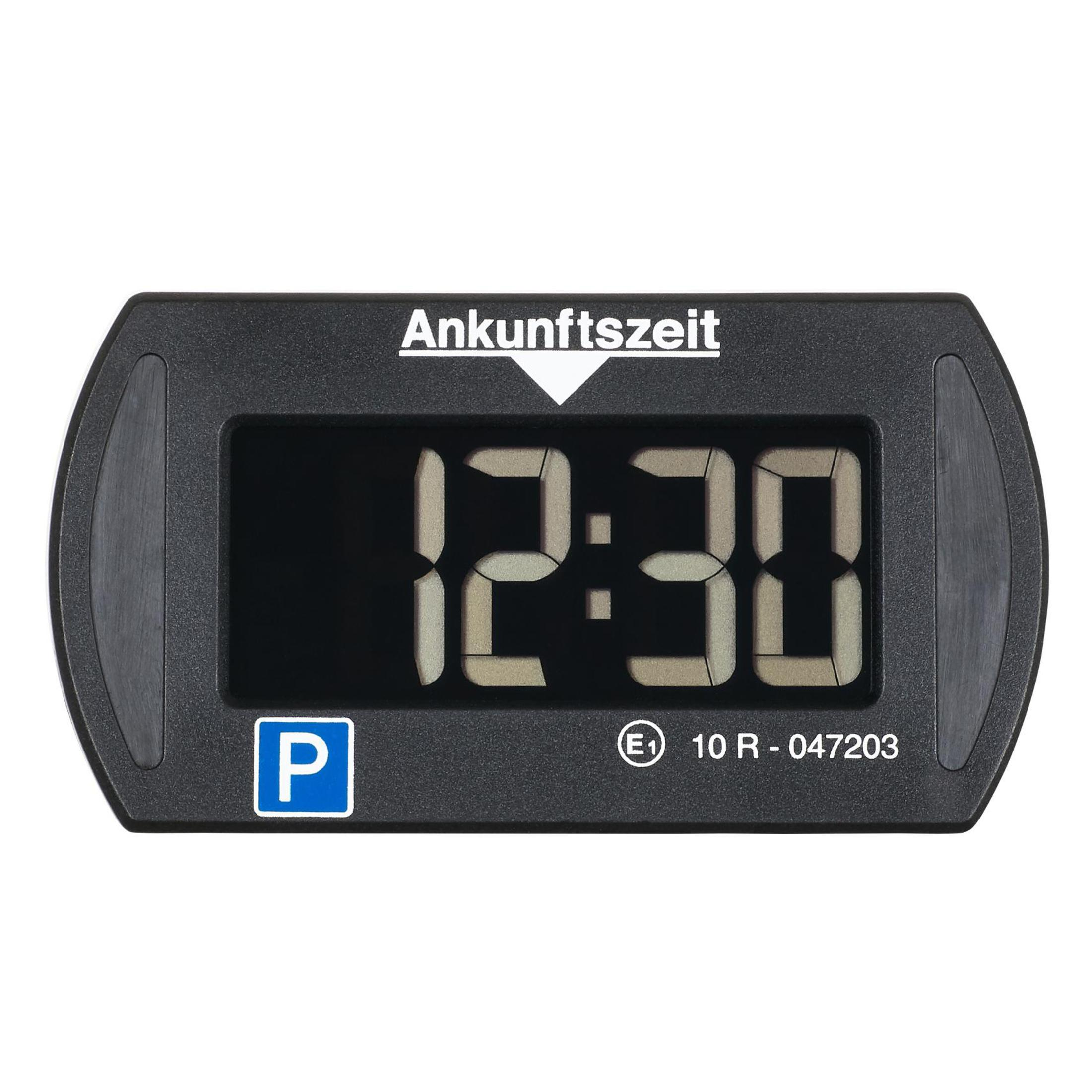 Ein schwarzer digitaler Parktimer mit der Anzeige 12:30 und dem Parksymbol 'P' wird präsentiert.