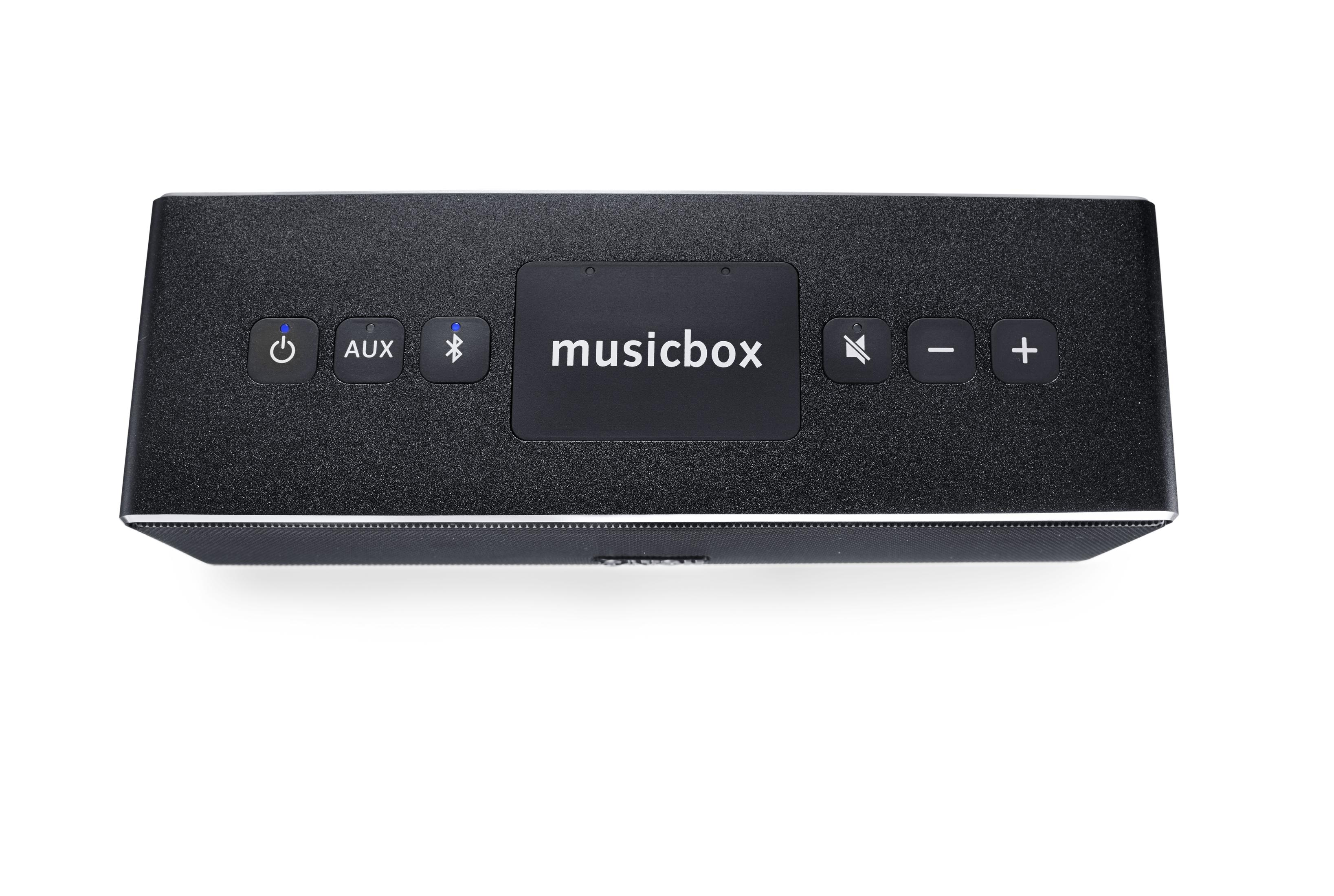 Draufsicht auf einen schwarzen Musicbox-Lautsprecher mit Knöpfen auf weißem Hintergrund.