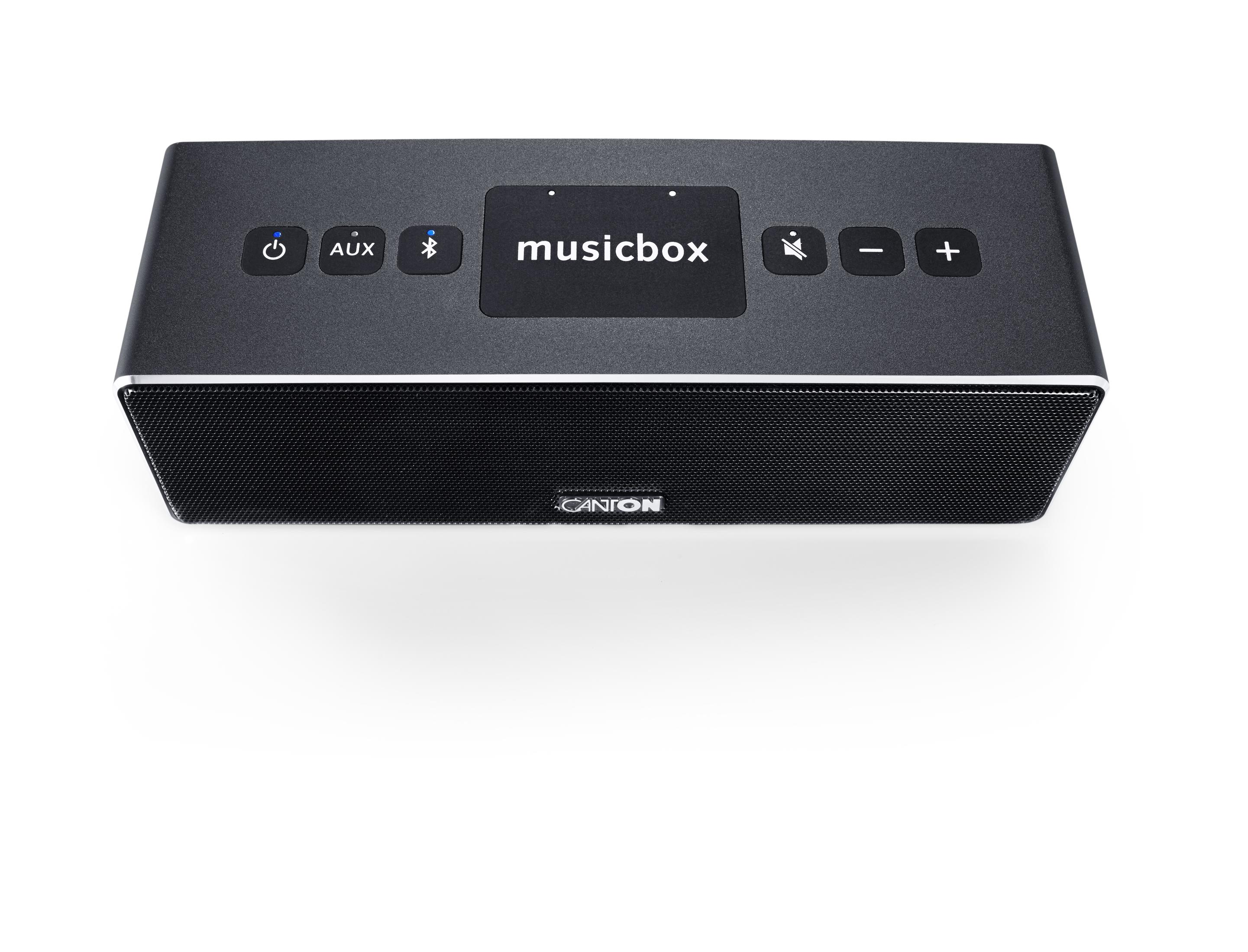 Schwarzer Lautsprecher mit silberner Einfassung und dem Wort musicbox darauf. Oben befinden sich Tasten mit Symbolen.