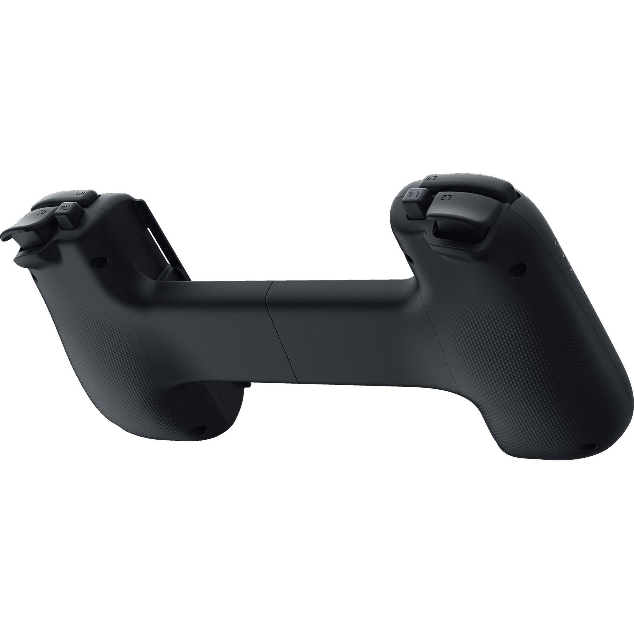 Czarny gamepad. Ma dwa uchwyty z przyciskami. Jest przeznaczony do gier mobilnych.