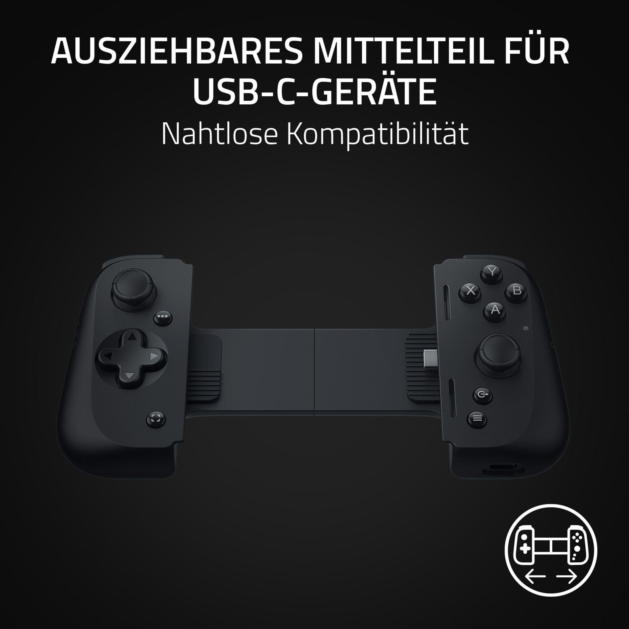 Czarny gamepad dla urządzeń USB-C. Tekst: 'Wysuwana część dla urządzeń USB-C. Bezproblemowa kompatybilność'.