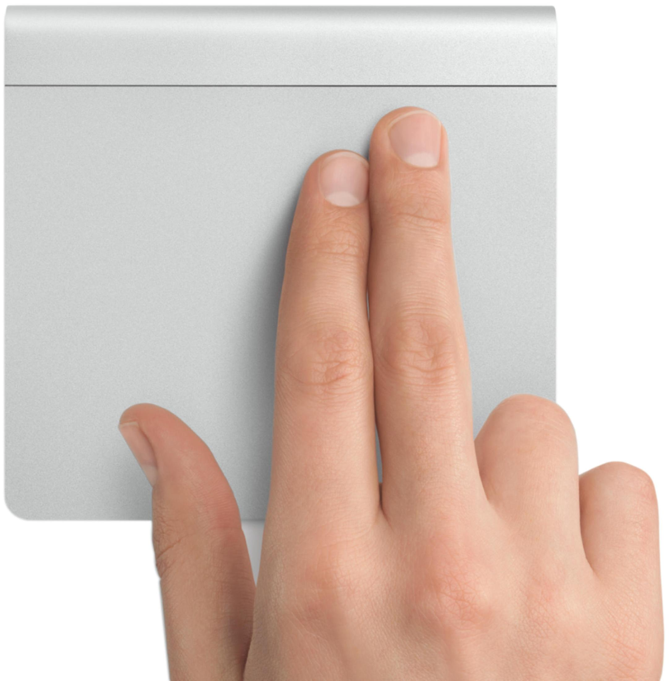 Finger auf einem Trackpad, zwei Finger berühren die Oberfläche. Weißer Hintergrund.