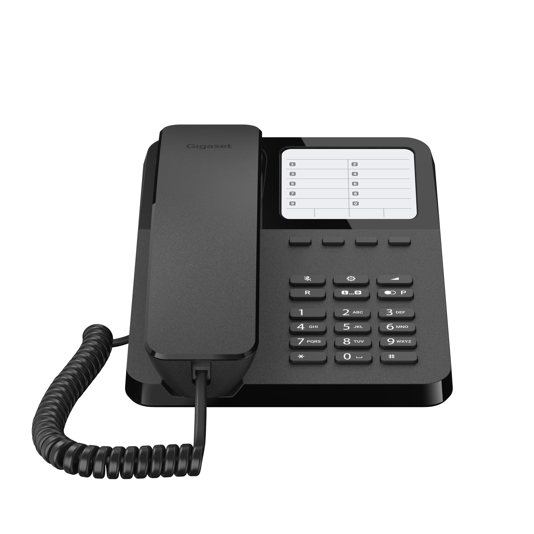 Telefono fisso Gigaset nero con pulsanti e cornetta su sfondo bianco.