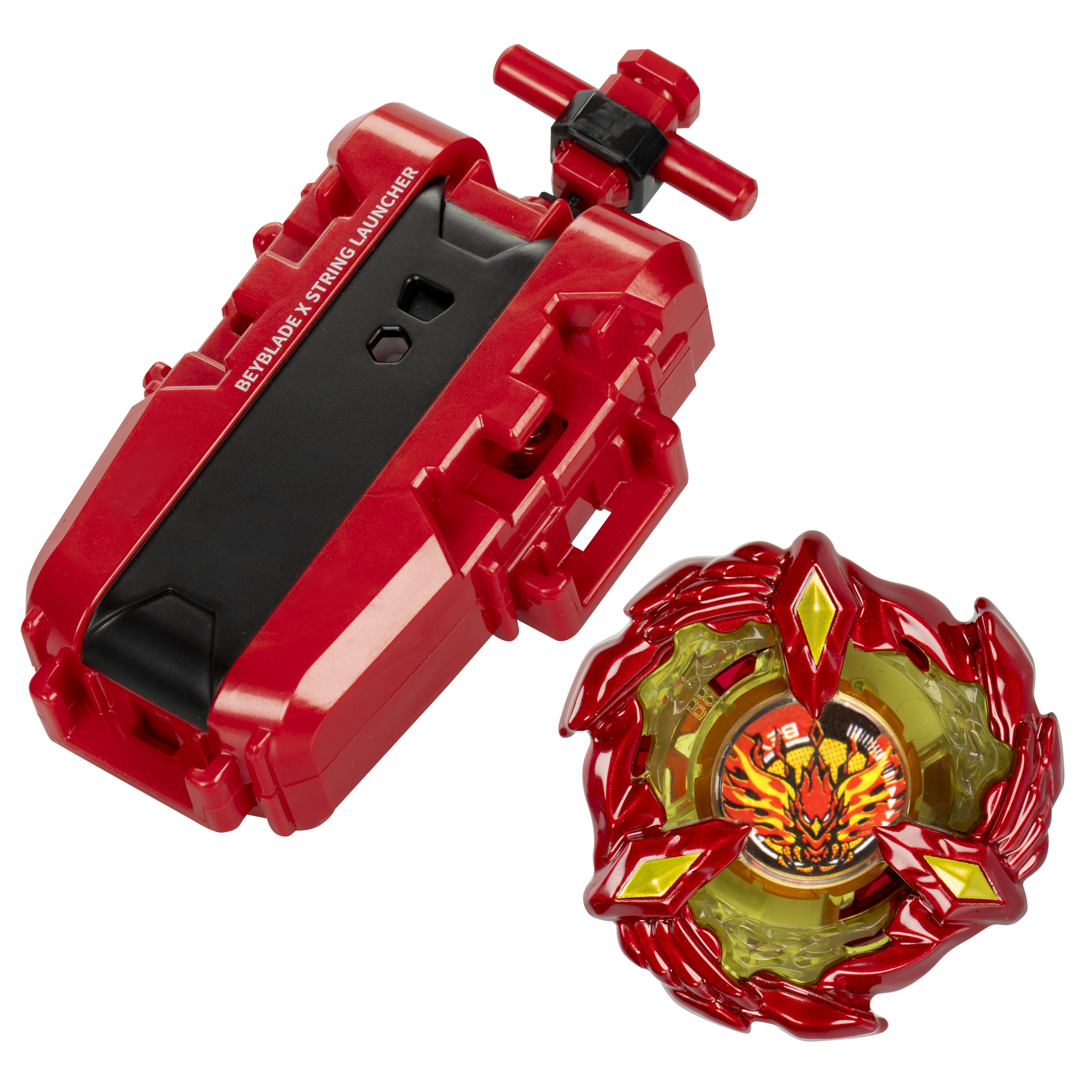 Een rood-zwarte Beyblade X string launcher en een rood-gele tol.