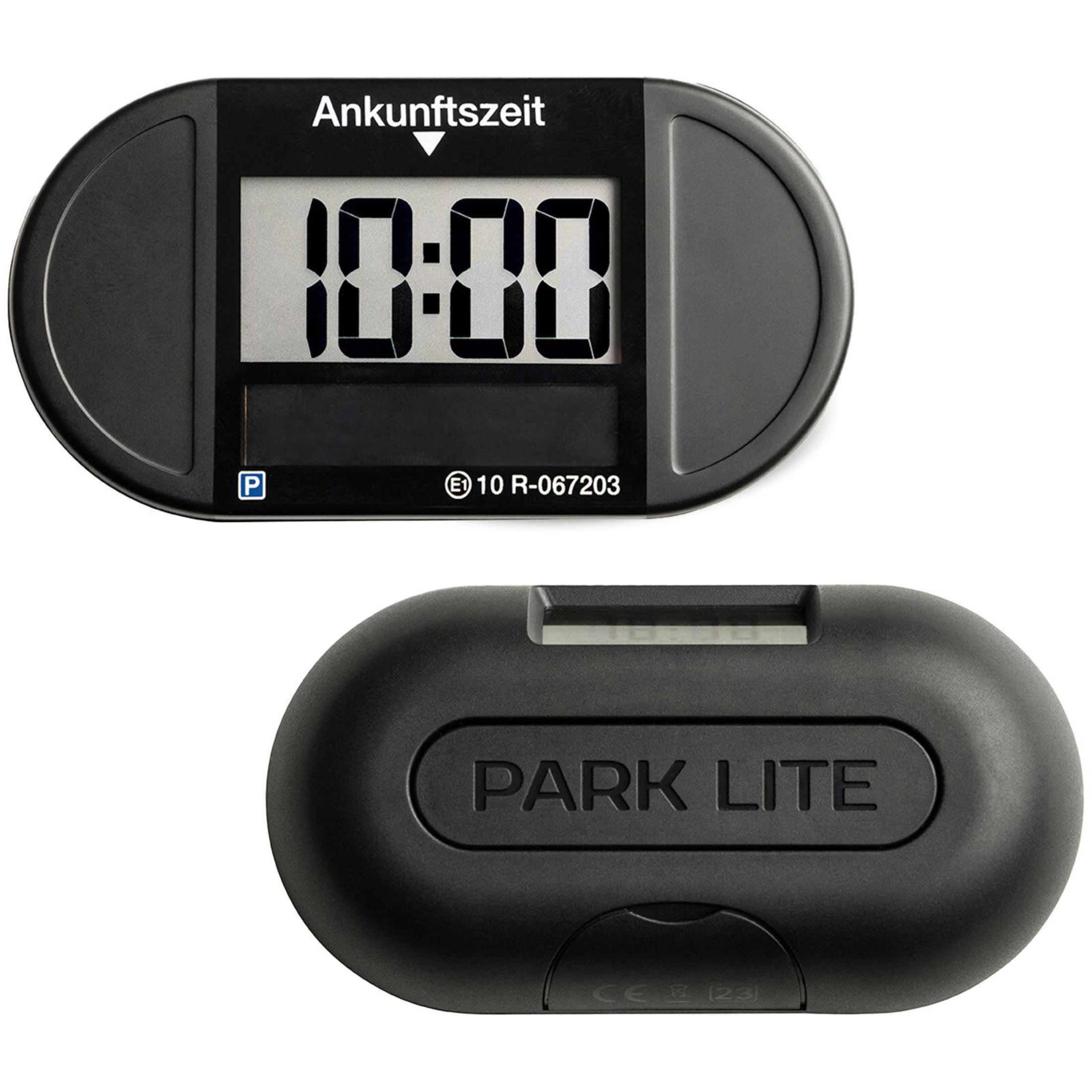 Schwarze Parkscheibe mit Ankunftszeit 10:00 und 'Park Lite' auf der Rückseite.