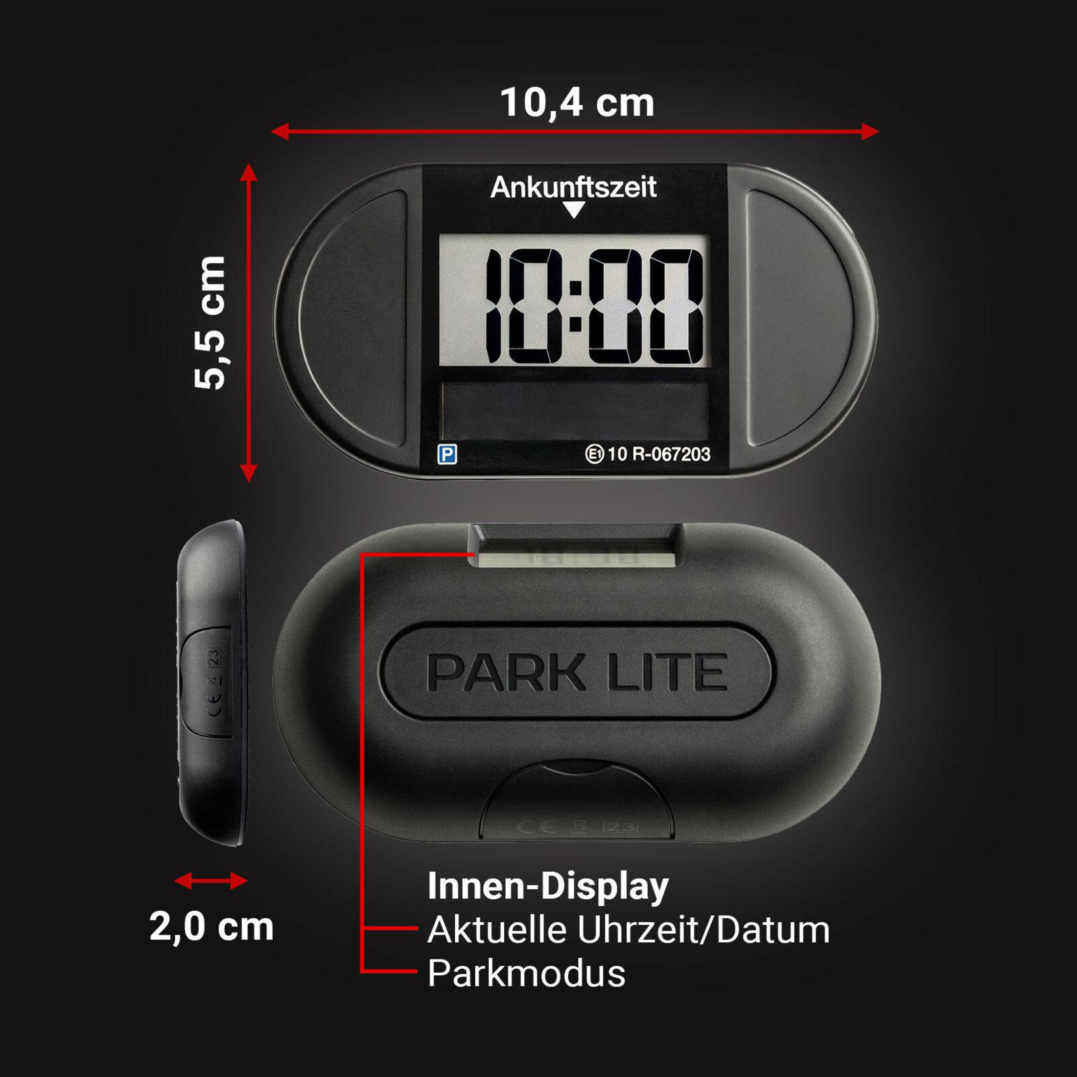 Schwarzer Parktimer mit Digitalanzeige, die die Zeit anzeigt. Abmessungen und Text sind sichtbar.