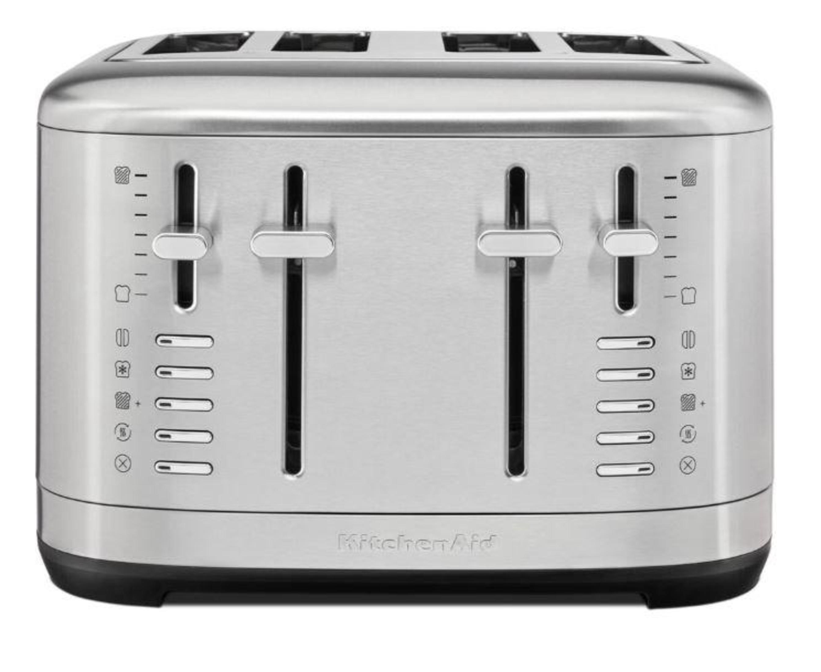 Silberner KitchenAid 4-Schlitz-Toaster mit Einstellungen und Schiebereglern.