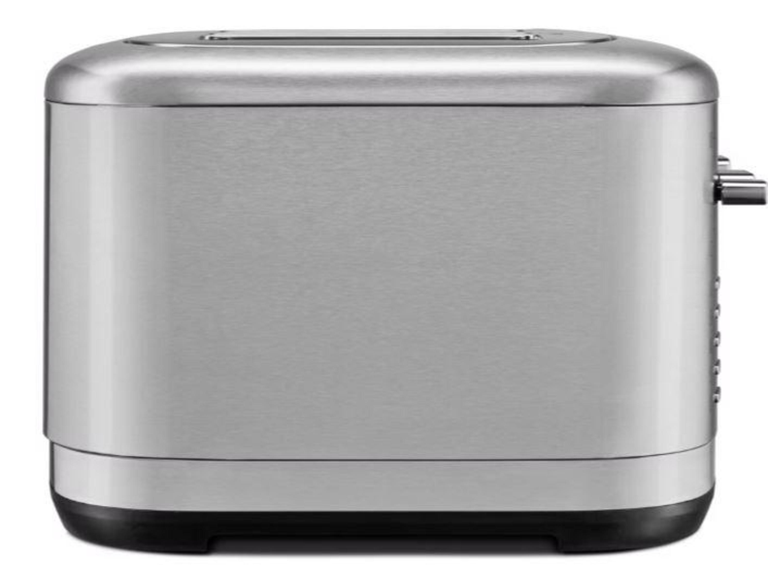 Silberner Toaster mit Edelstahlgehäuse und schwarzem Sockel. Der Toaster steht aufrecht.