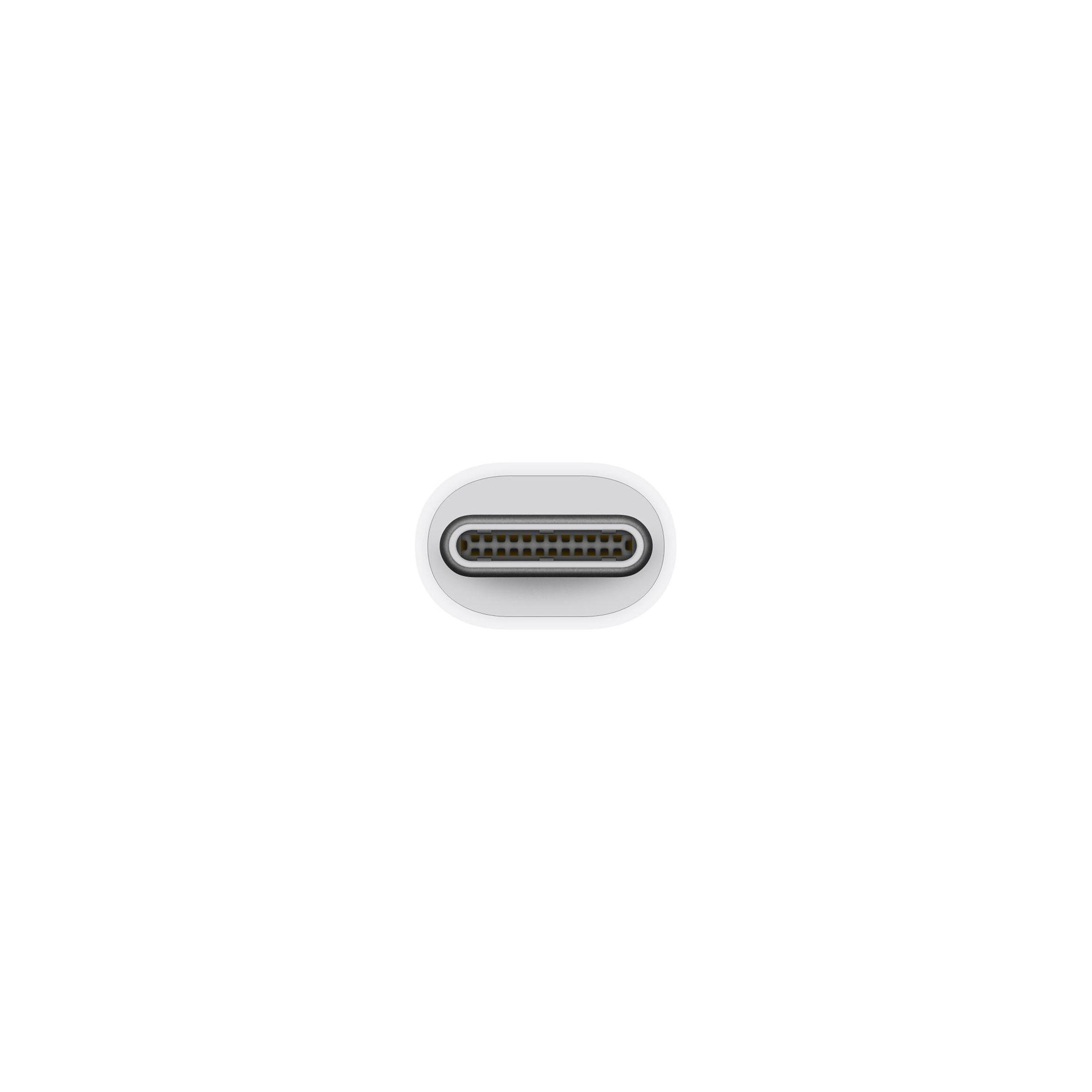 Primo piano di una porta USB-C bianca, che mostra i pin interni, su sfondo bianco.