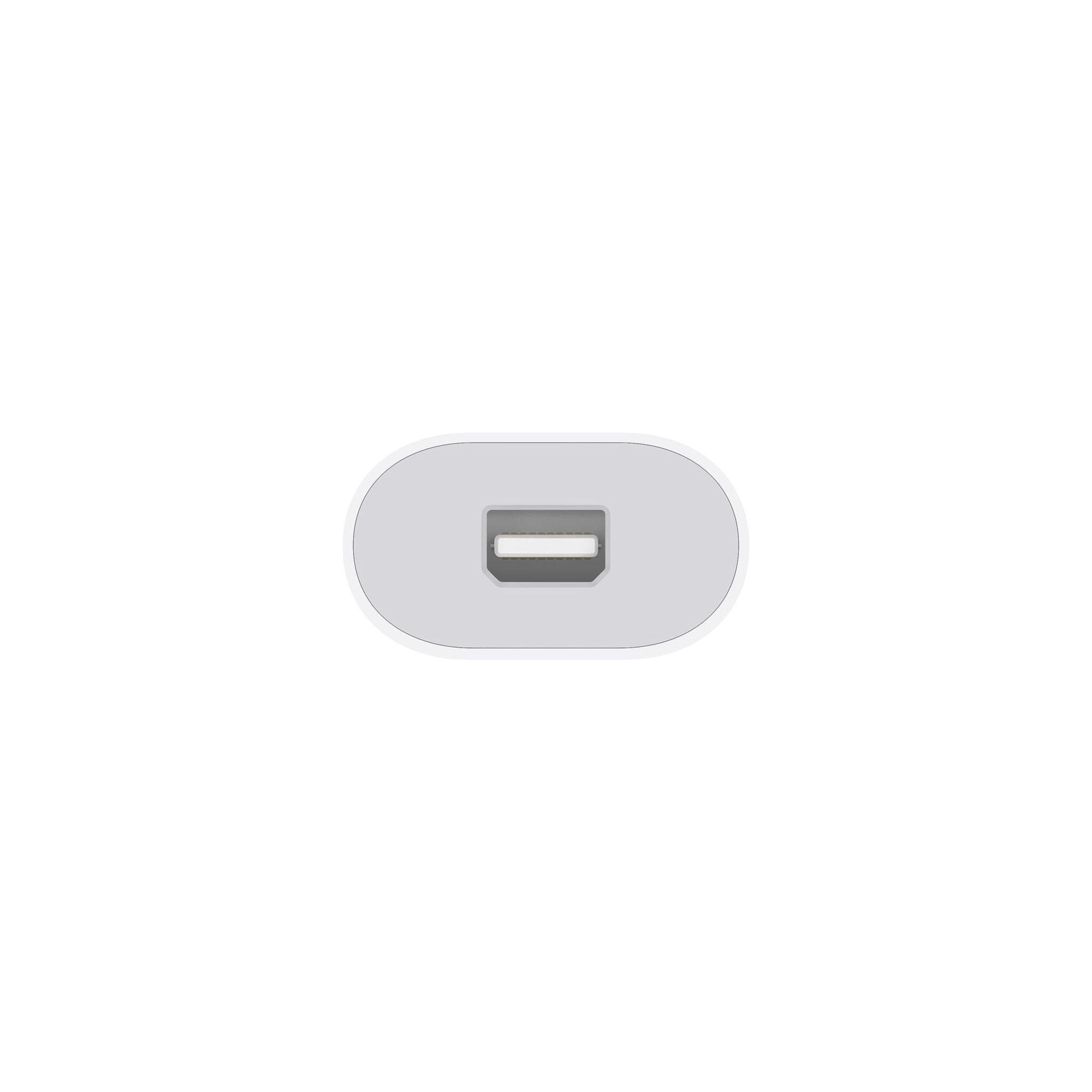 Primo piano di una Mini-DisplayPort bianca, su sfondo bianco.