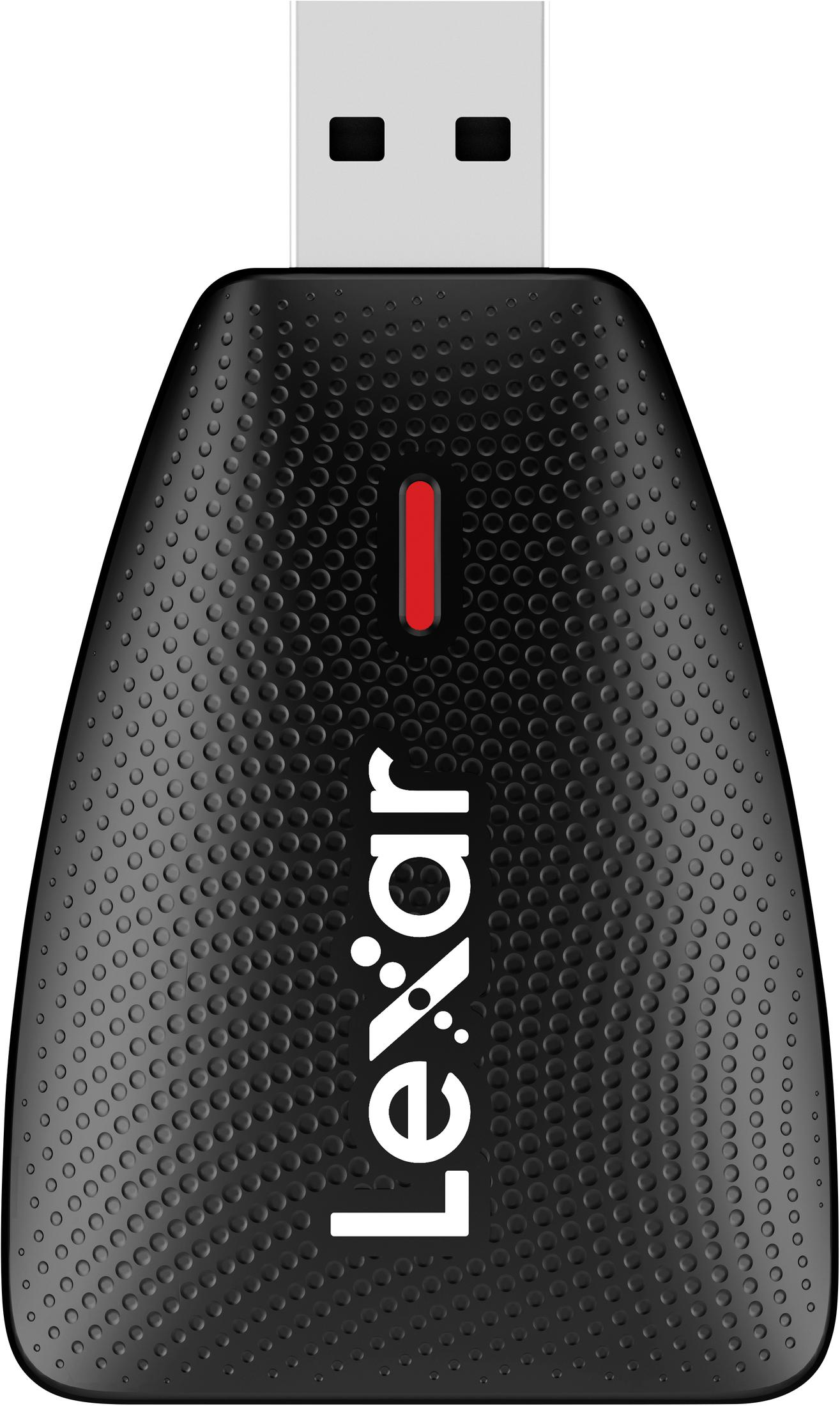 Schwarzer USB-Stick mit roter Kontrollleuchte und "Lexar"-Logo.