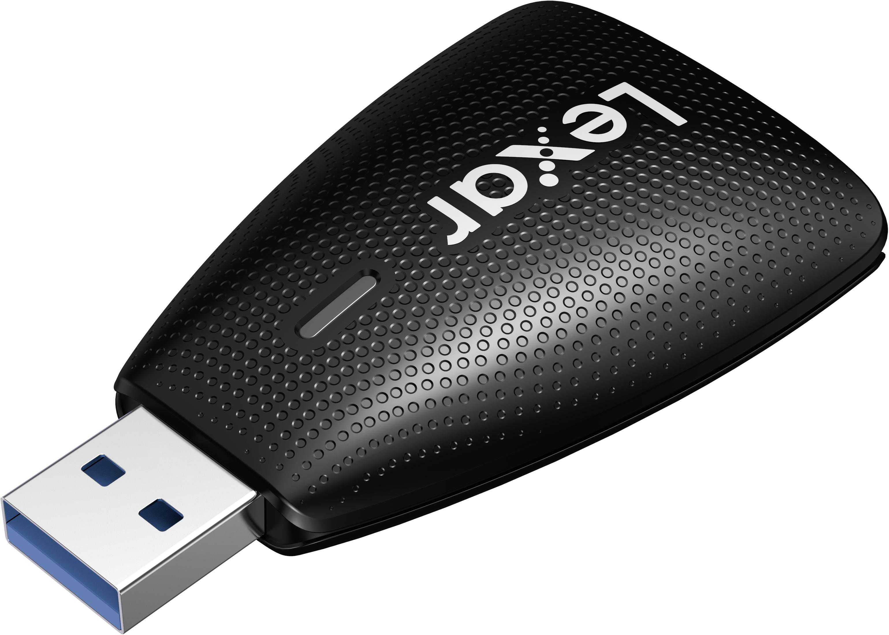 Ein schwarzer Lexar USB-Stick mit USB-Anschluss auf weißem Hintergrund.