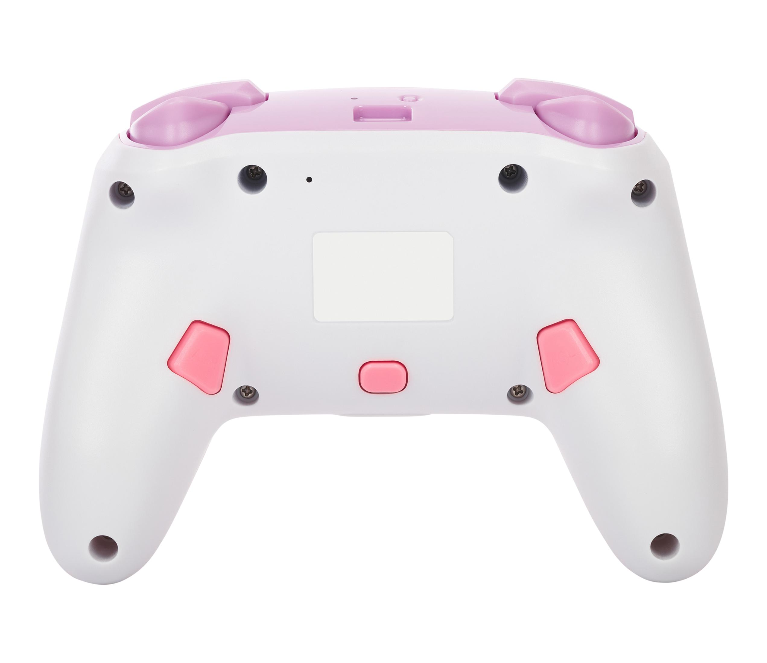 Rosa-weißer Gamecontroller. Es hat eine Taste und Daumenknüppel.