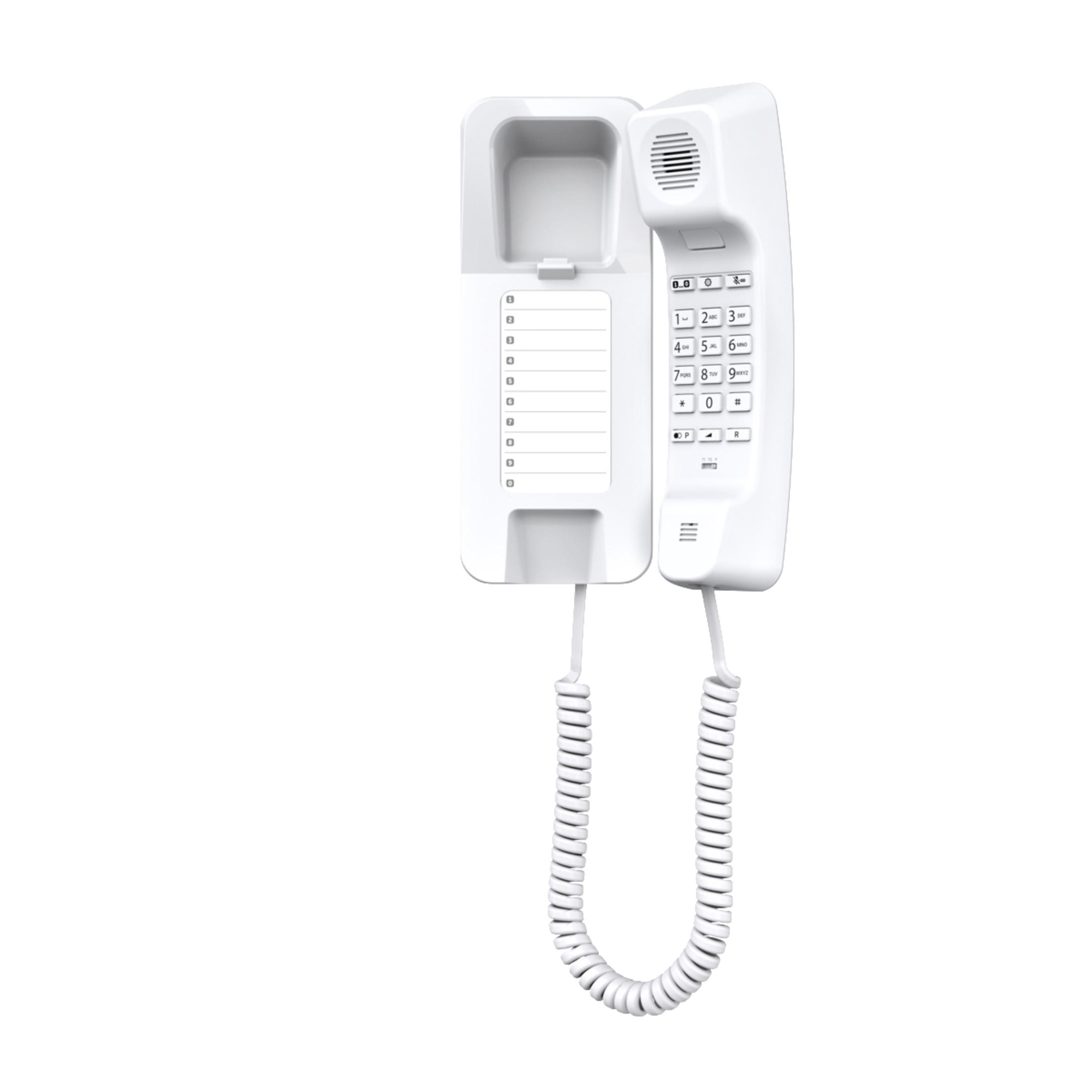 Weißes Wandtelefon mit Hörer, Tastatur und Locken-Schnur, isoliert auf Weiß.