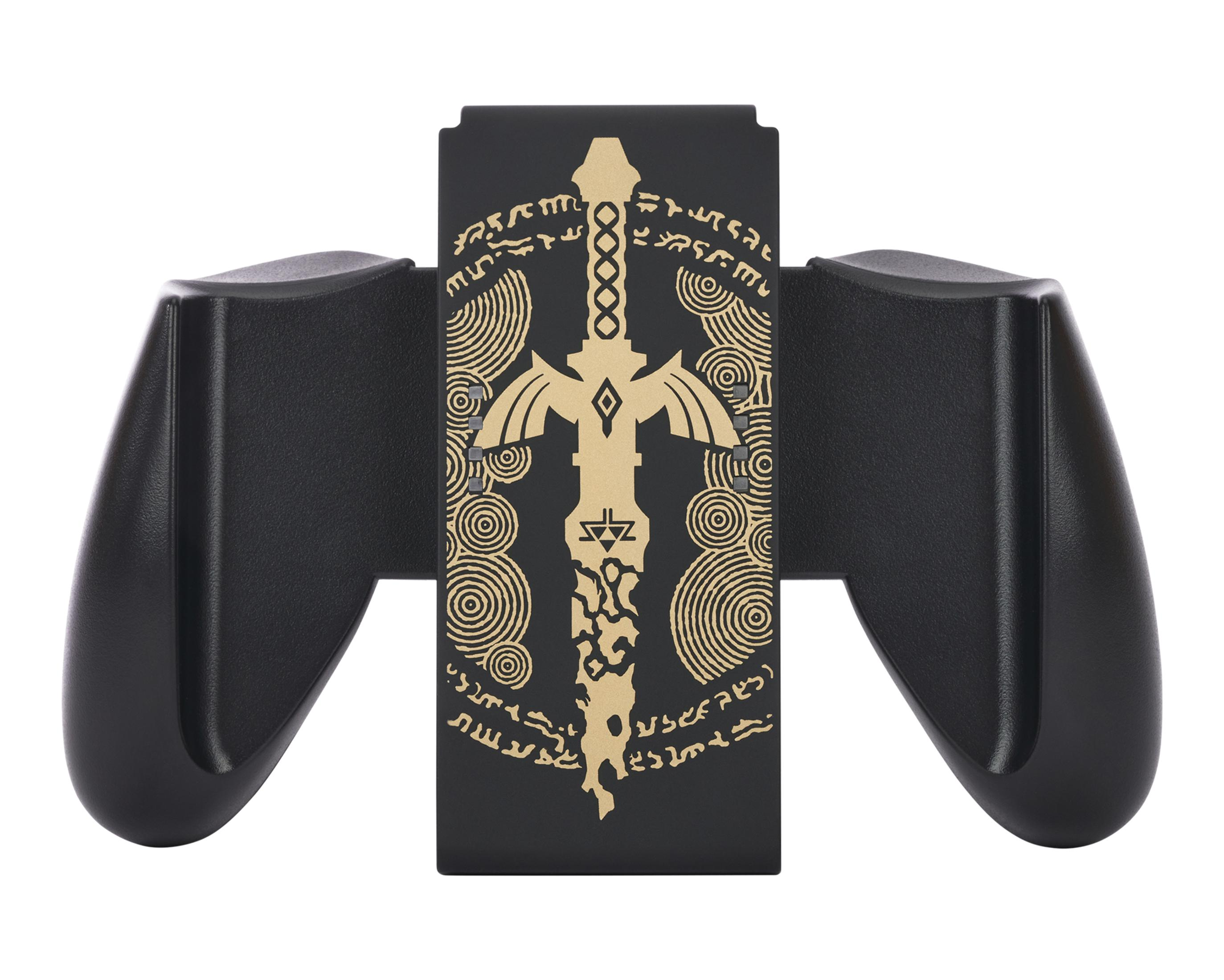 Schwarzer Controller-Griff mit goldenem Schwert-Design. Seitengriffe. Weißer Hintergrund.