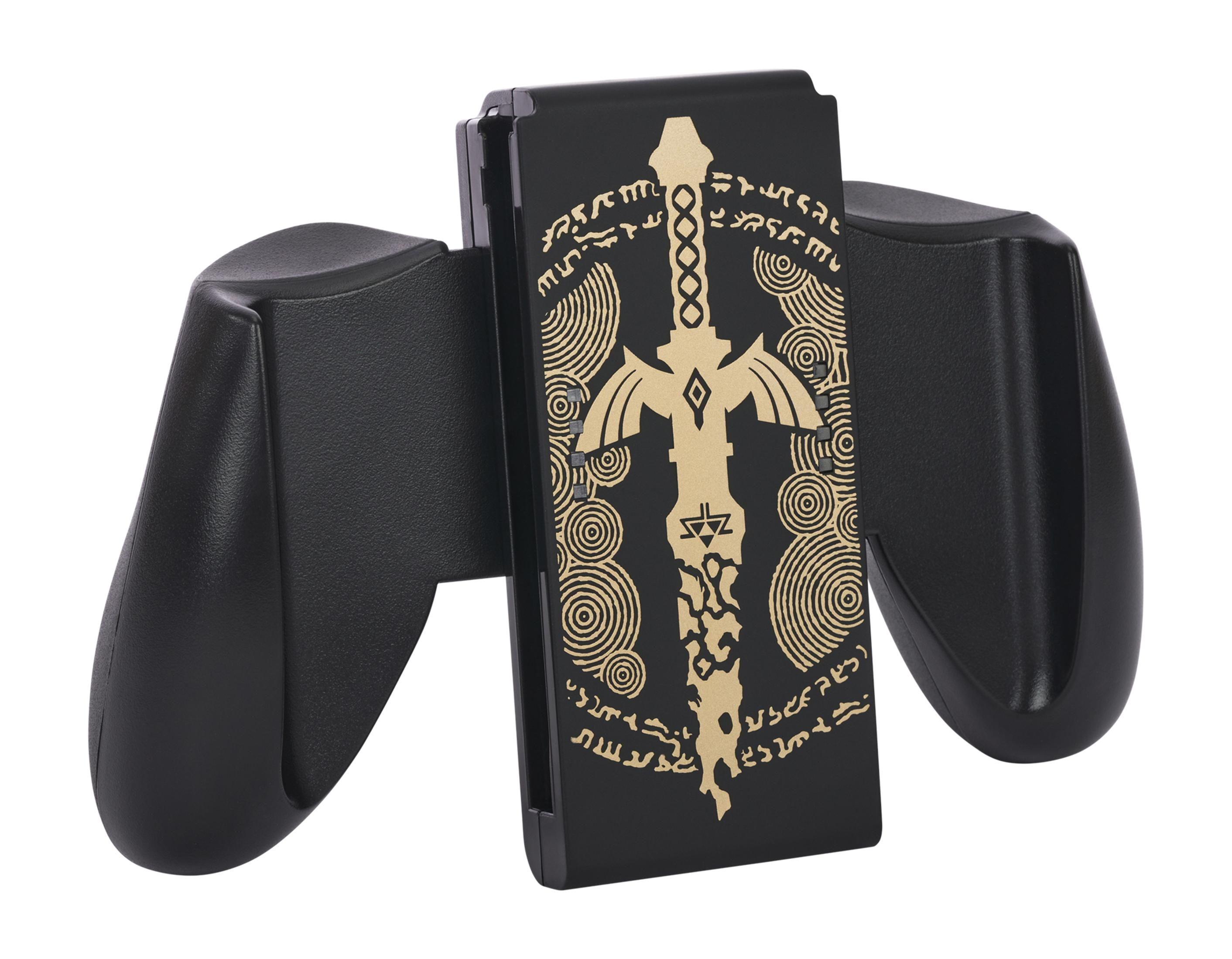 Schwarzer Gamecontroller-Aufsatz mit goldenem Design, an einer Spielkonsole befestigt.