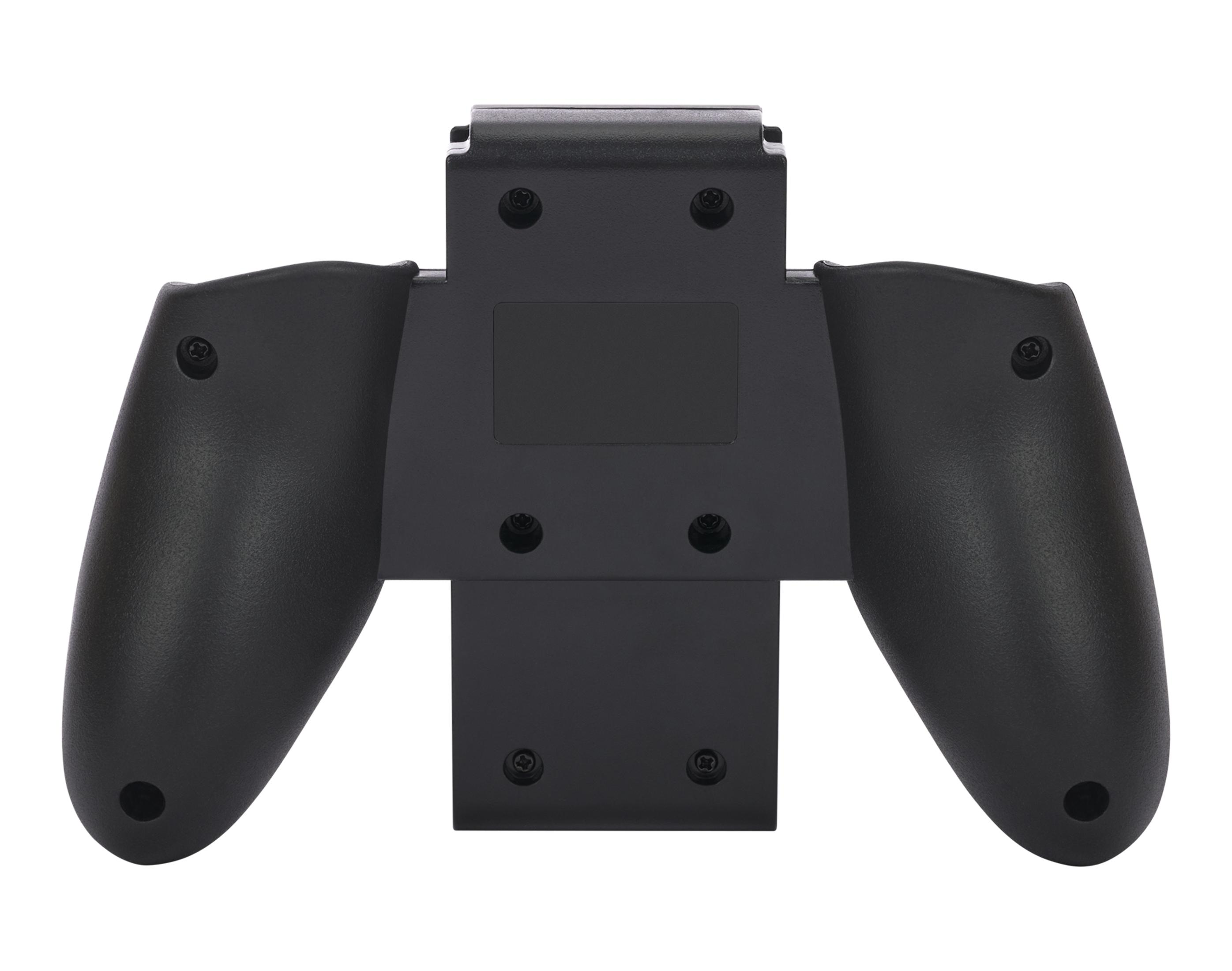 Schwarzes Gamepad-Zubehör mit zwei Griffen und einem zentralen Anschluss. Die Rückseite ist gezeigt.