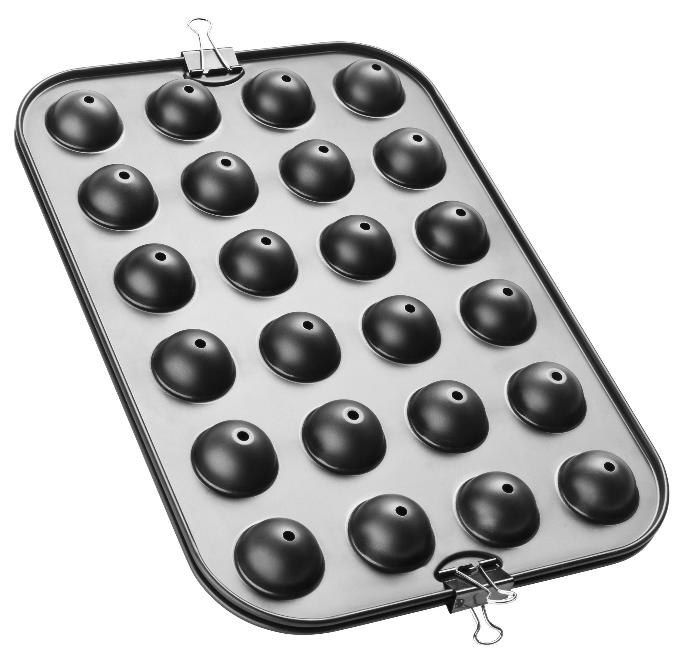Metall-Backform mit 24 runden Vertiefungen. Zwei Metallklammern sind befestigt.