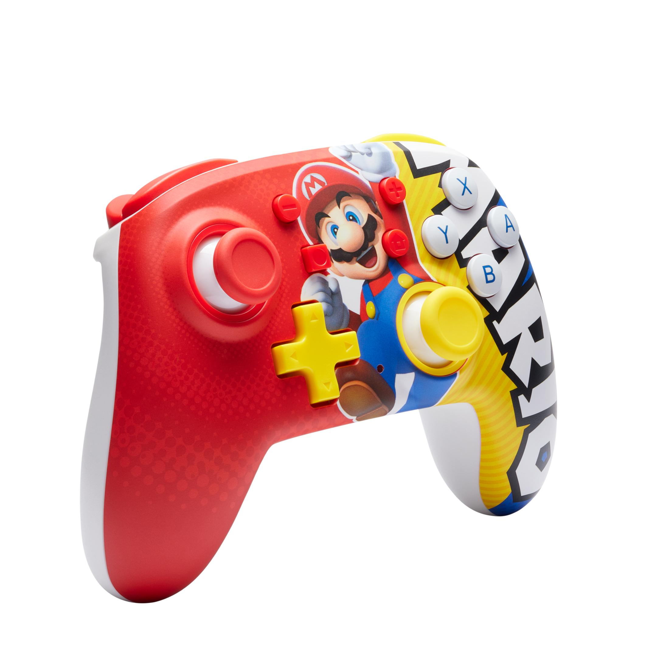 Controller Nintendo Switch rosso e bianco, design Mario, con pulsanti e joystick.