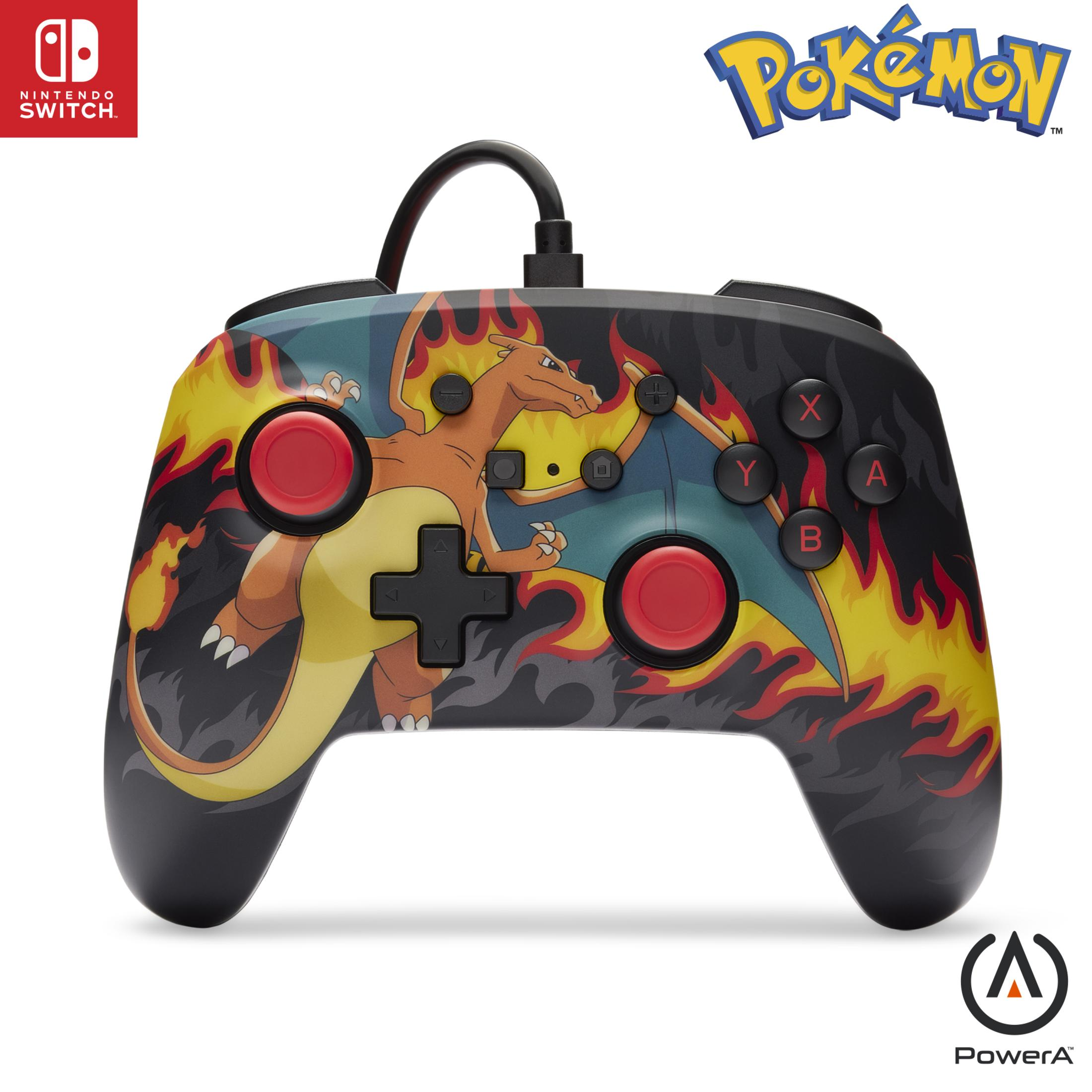 Controller Nintendo Switch a tema Pokemon con design Charizard e logo PowerA.